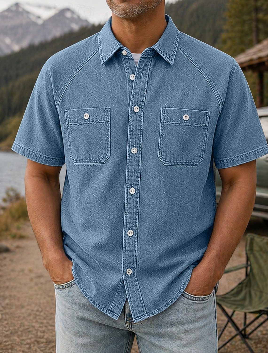 Men's Shirt Casual Shirt Work Shirt Garment Dyed Acid Wash Shirt Black Light Green Purple khaki Military Green Short Sleeve Plain Shirt Collar Casual Daily Front Pocket Clothing Apparel Cotton