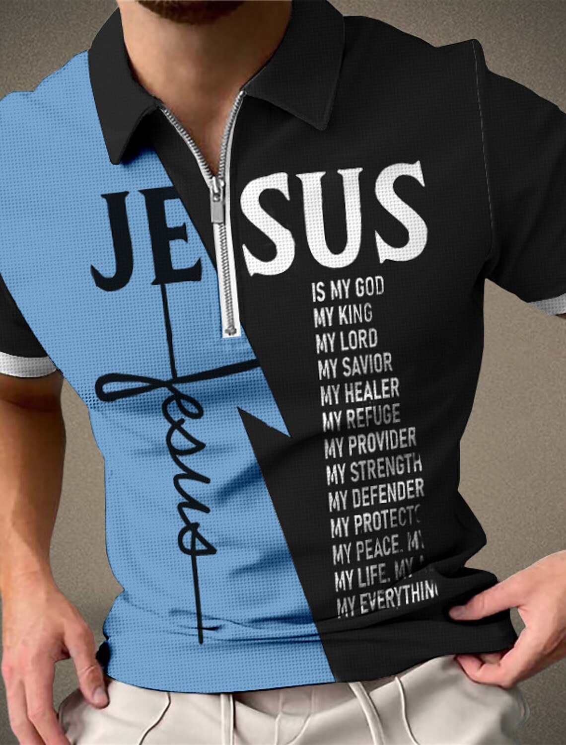 Men's Graphic Prints Waffle Polo Shirts Zip Short Sleeves Turndown