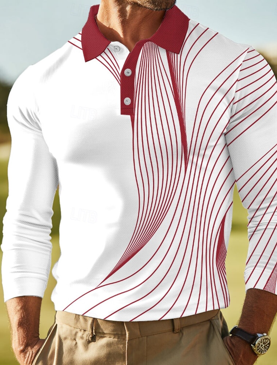 Men's Geometric Polo Long Sleeve Shirts Collared Business Casual