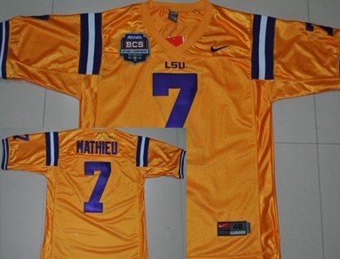Men's LSU LA Tigers Tyrann Mathieu #7 away jersey Yellow 2012 durabl