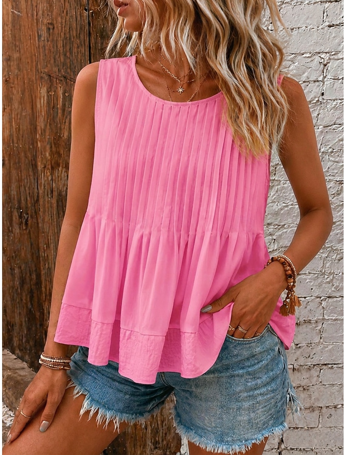 Women's Blouse Texture Pleated Patchwork Vintage Sleeveless Regular Tops Casual Blue White Yellow Pink Red Summer Spring