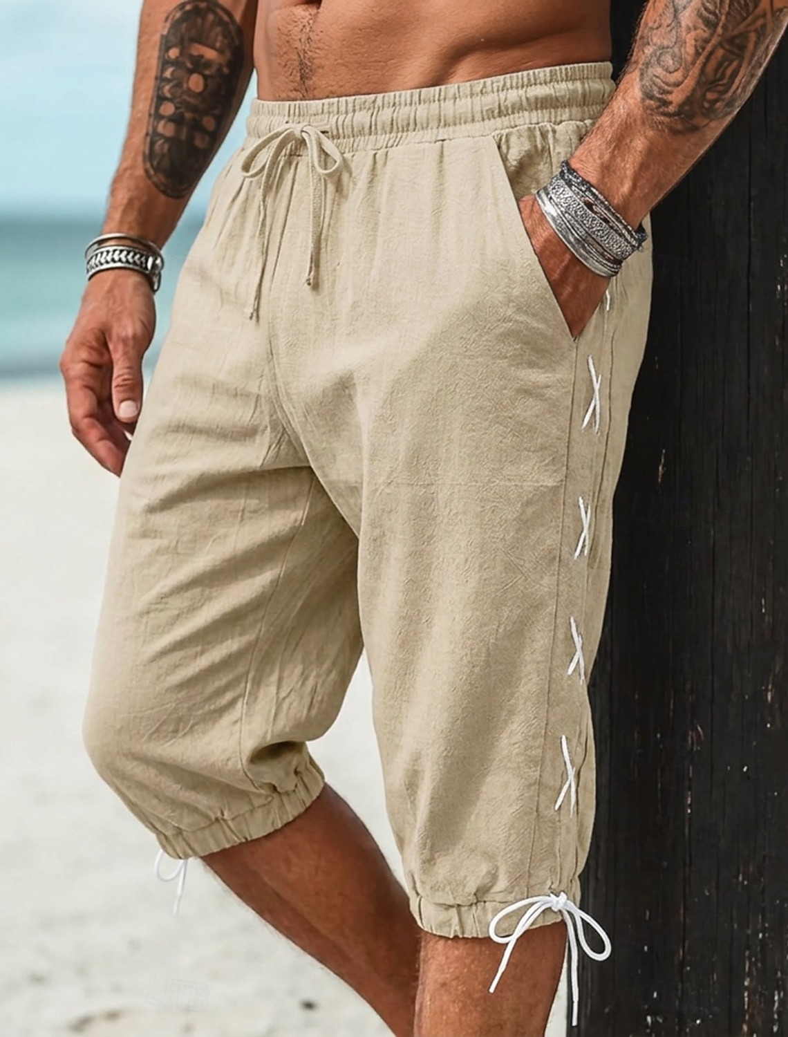 Men's Capri shorts Linen Shorts Summer Shorts Beach Shorts Baggy Shorts Drawstring Pocket Elastic Waist Plain Comfort Breathable Calf-Length Casual Outdoor Vacation Fashion Designer Blue Khaki
