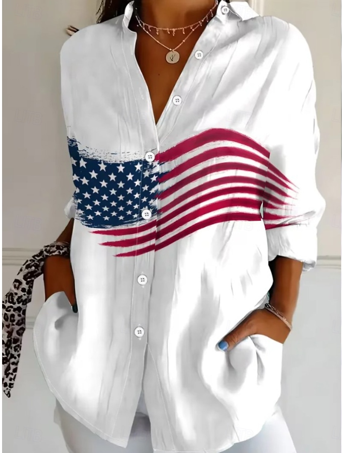 American Independence Day Women's Shirt Buttons Print Flag Stylish Modern Long Sleeve V Neck Regular Tops Daily Holiday Red Summer