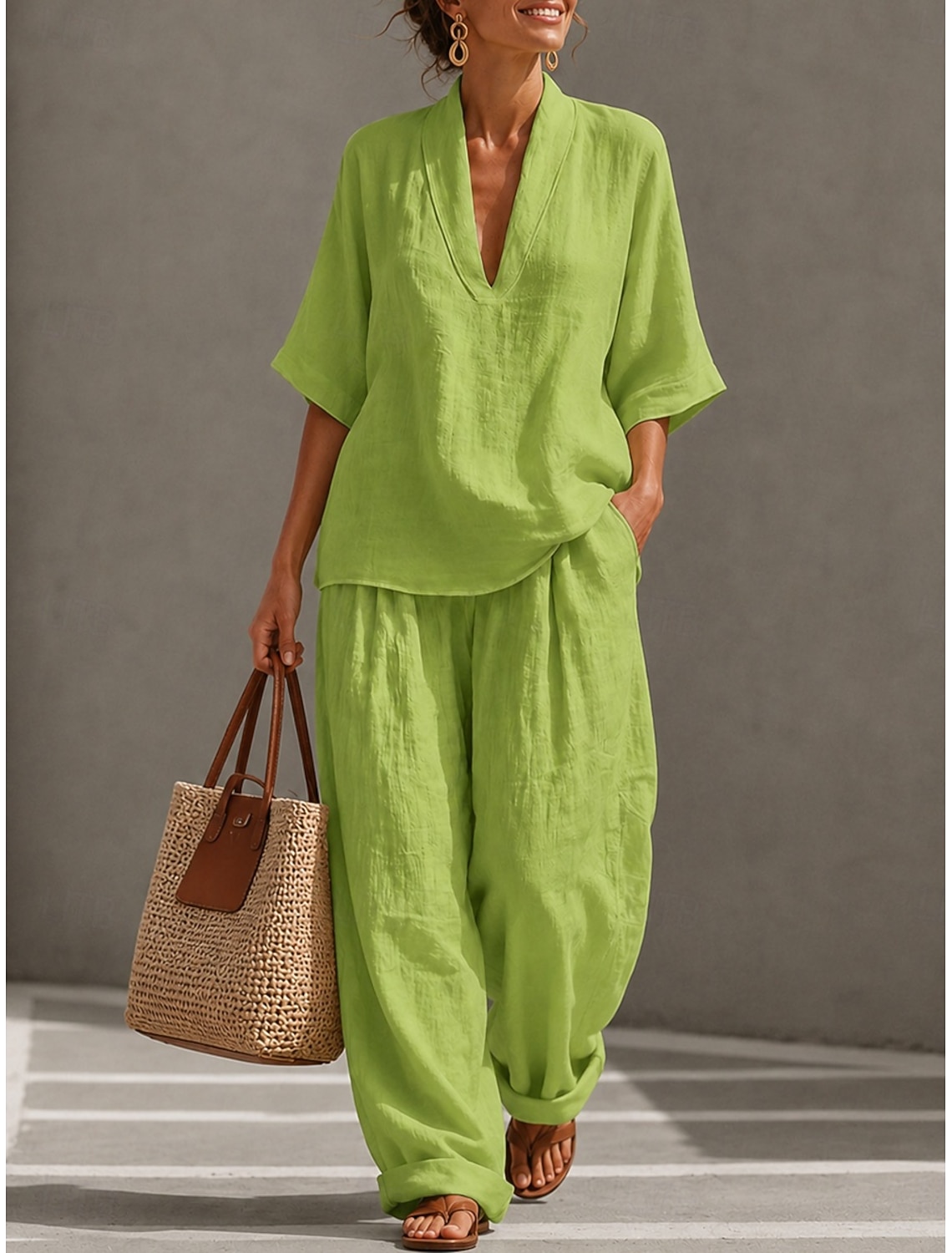 Women's Cotton Linen Sets 3/4 Length Sleeve Stand Collar Solid Color Daily Distressed Casual Daily Black Yellow Wine Summer Loose Fit