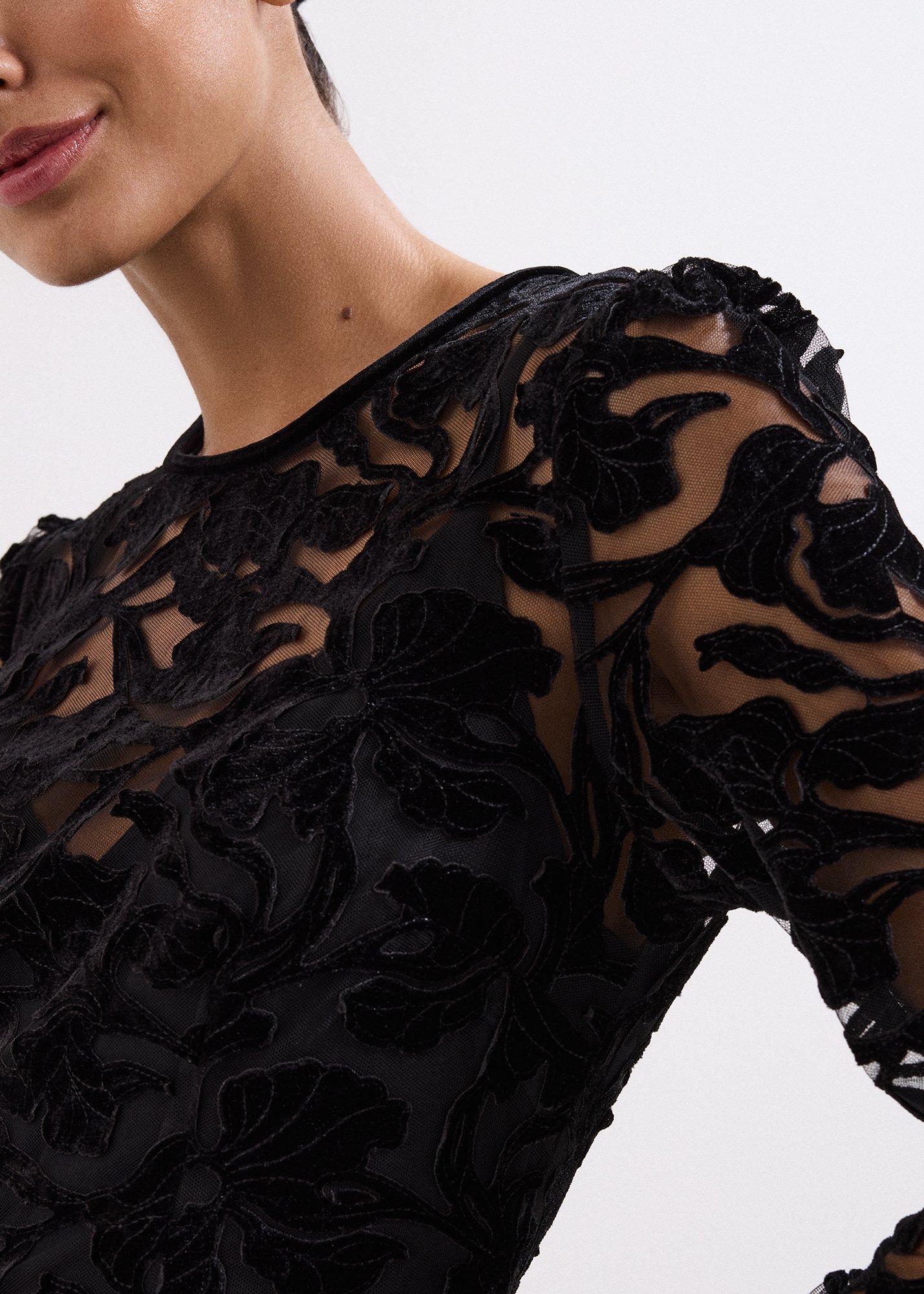 Viktoria Black Applique Velvet Midi Dress