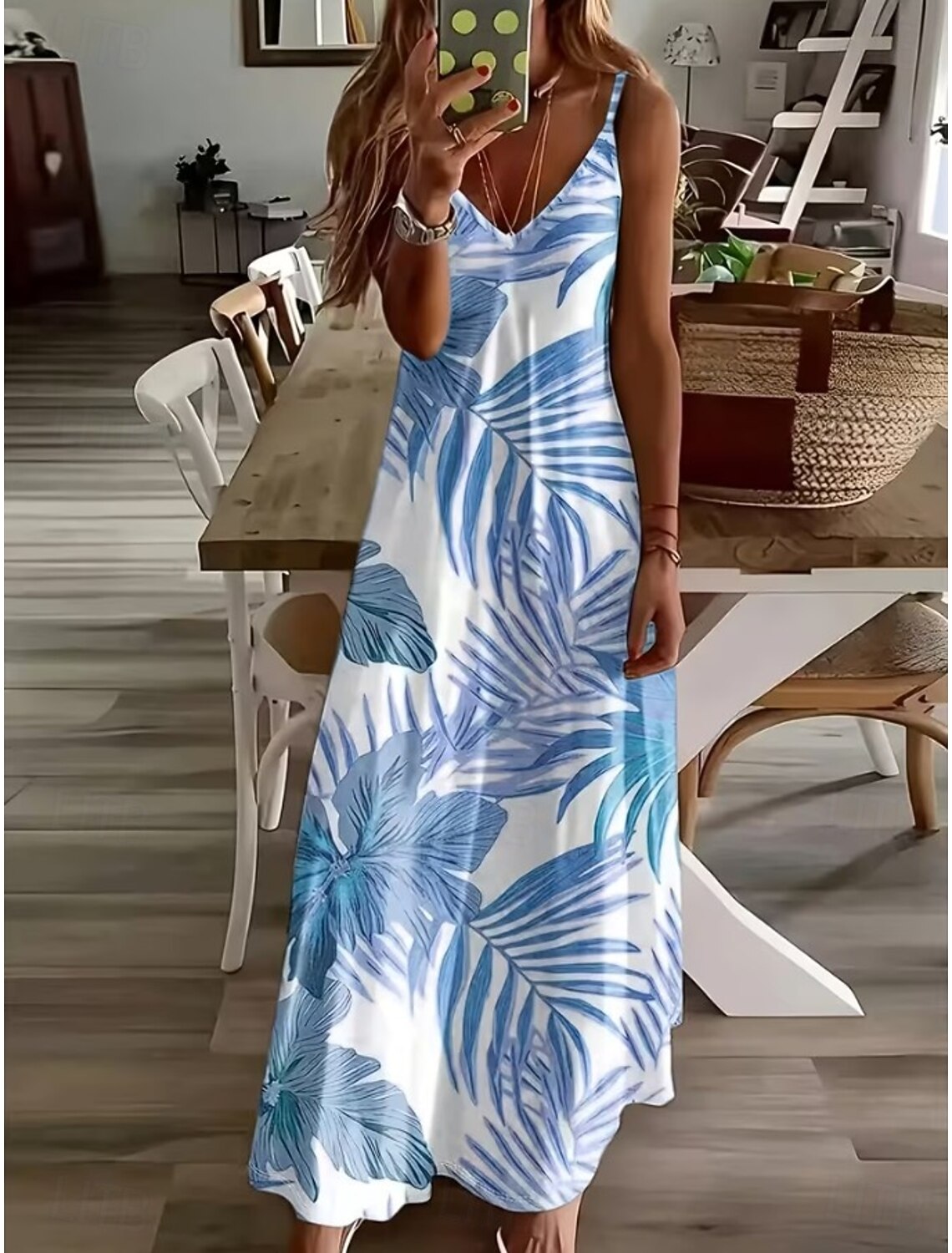 Women's Maxi Dress Sundress A Line Dress Slip Dress Vacation Casual Boho Beach Loose Fit Graphic Leaf Sleeveless V Neck Spaghetti Strap White Light Green Pink Sky Blue Summer Spring