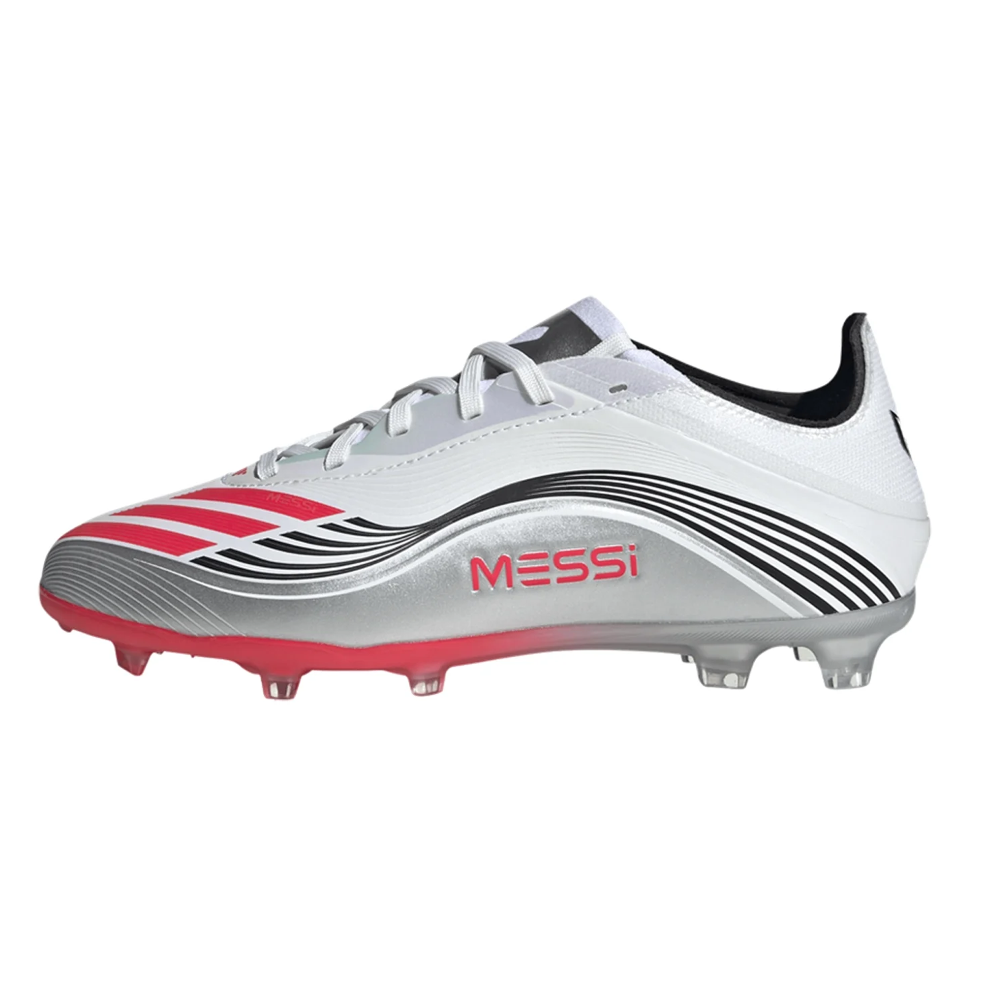 Messi adidas F50 Junior Soccer Cleats White Lucid Red Silver Metallic