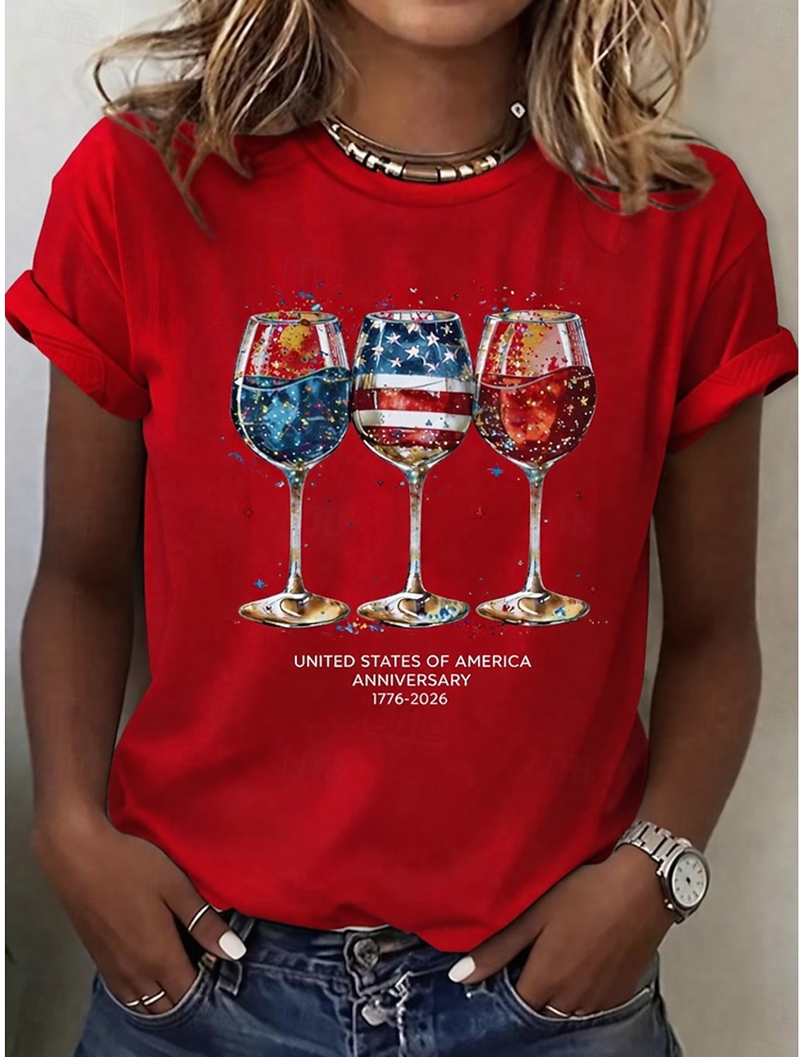 American Independence Day Women's T Shirt Print Graphic Flag Wine Glass Stylish Classic Casual Short Sleeve Crew Neck Regular Tops Daily Blue White Yellow Red Black Summer Spring