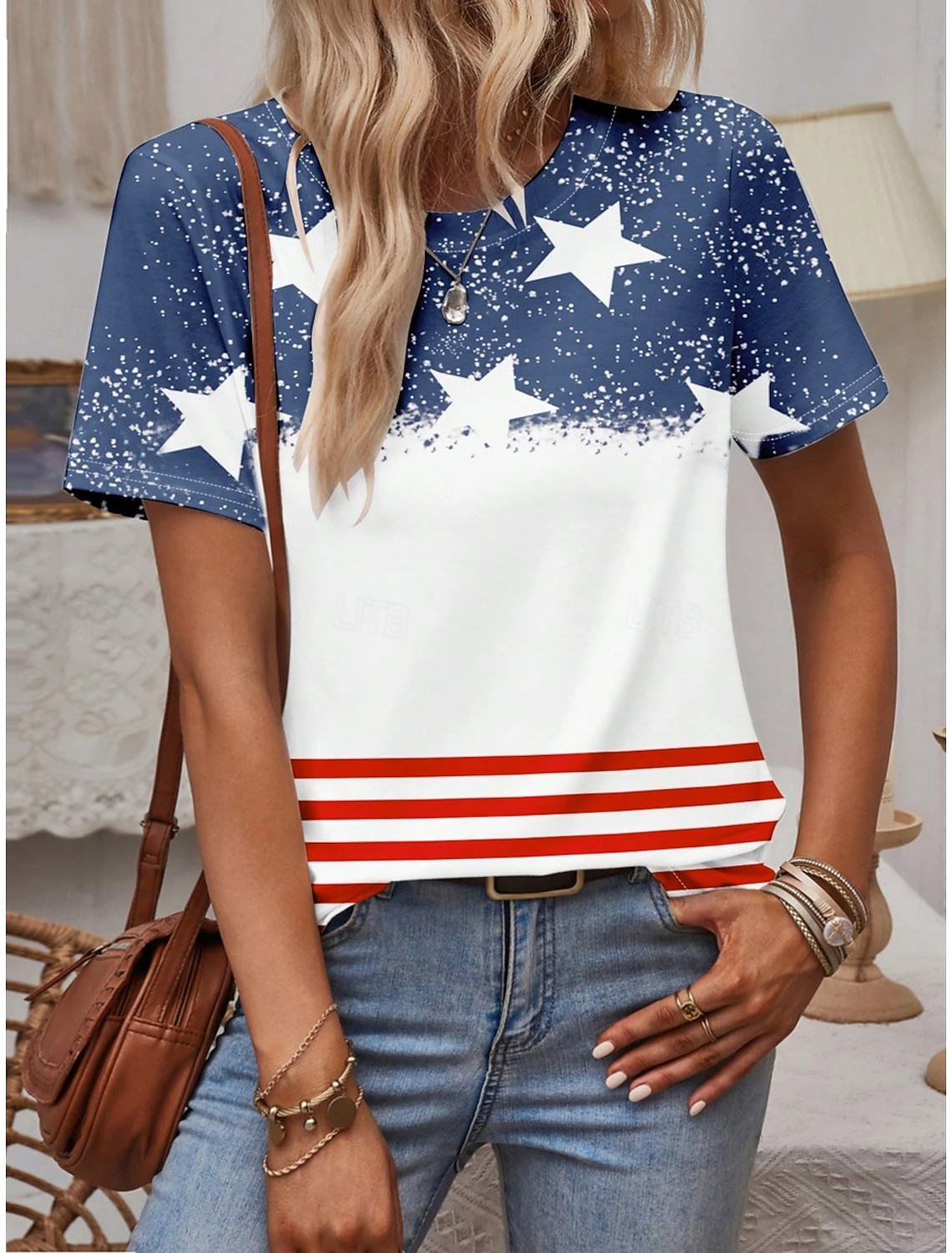 American Independence Day Women's T Shirt Print Graphic Flag Vintage Stylish Classic Short Sleeve V Neck Regular Tops Daily Blue White Red Summer Spring