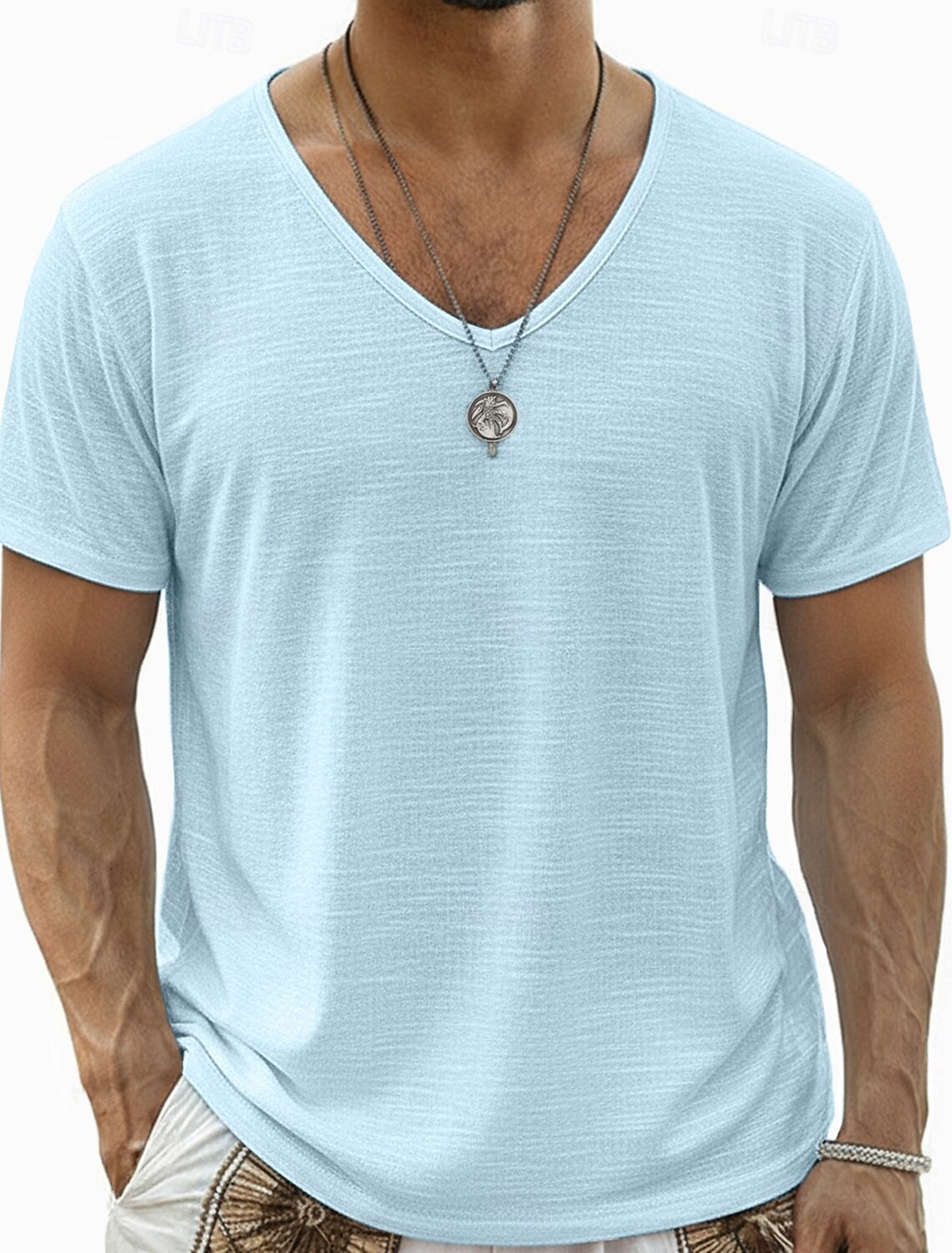 Men's Tee Top Linen T-Shirt Short Sleeve V Neck Summer Solid Color
