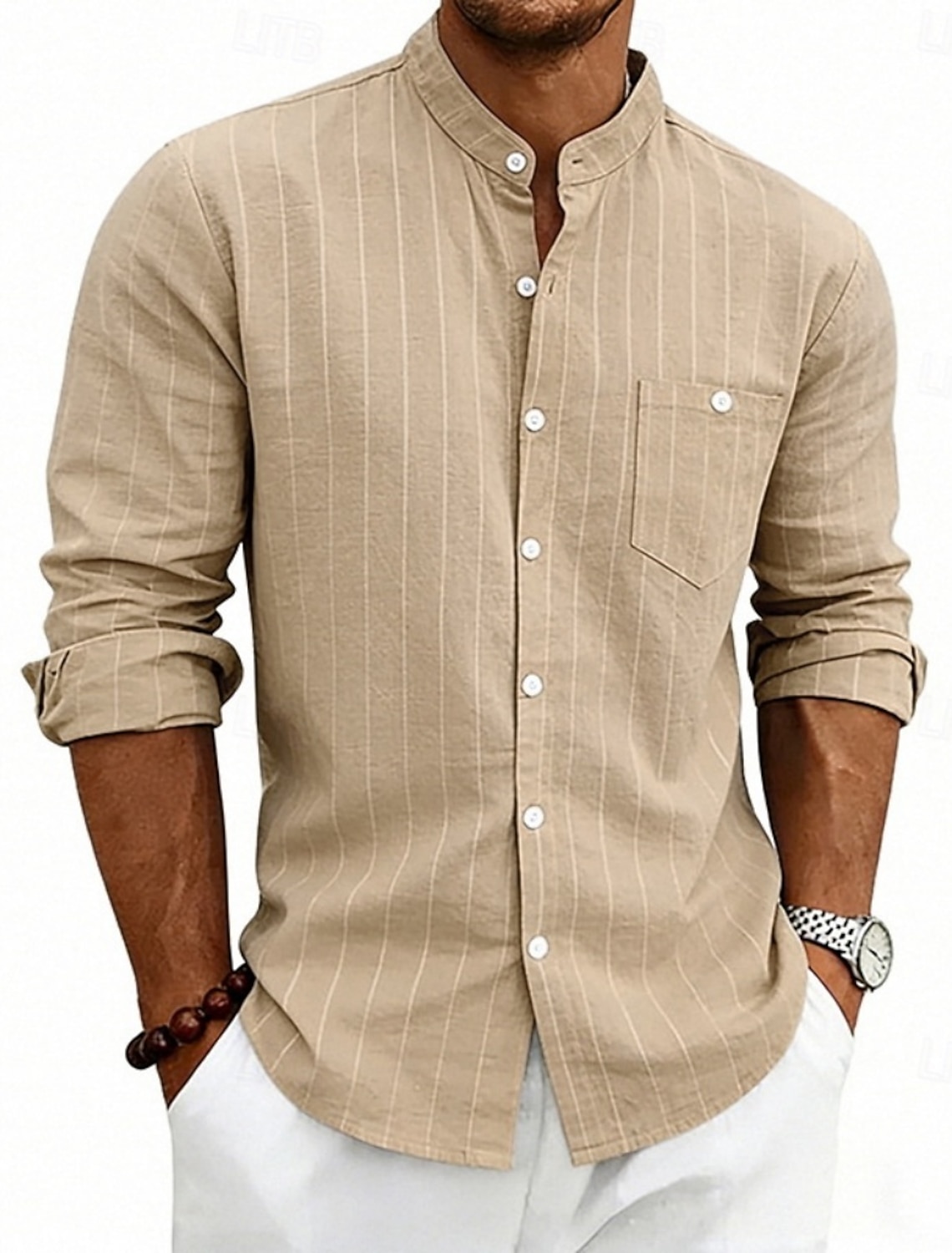 Men's Shirt Linen Shirt Summer Shirt Beach Shirt Stripe Casual Vacation Blue Black White Khaki Long Sleeve Mandarin Collar Summer Spring Clothing Apparel Pocket