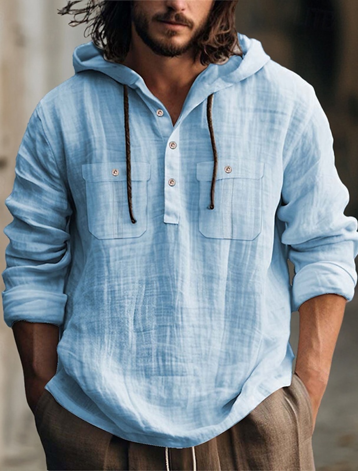 Men's Shirt Linen Shirt Summer Shirt Beach Shirt Hooded Shirt Plain Casual Daily Black White Blue Brown Long Sleeve Hooded Spring & Summer Clothing Apparel