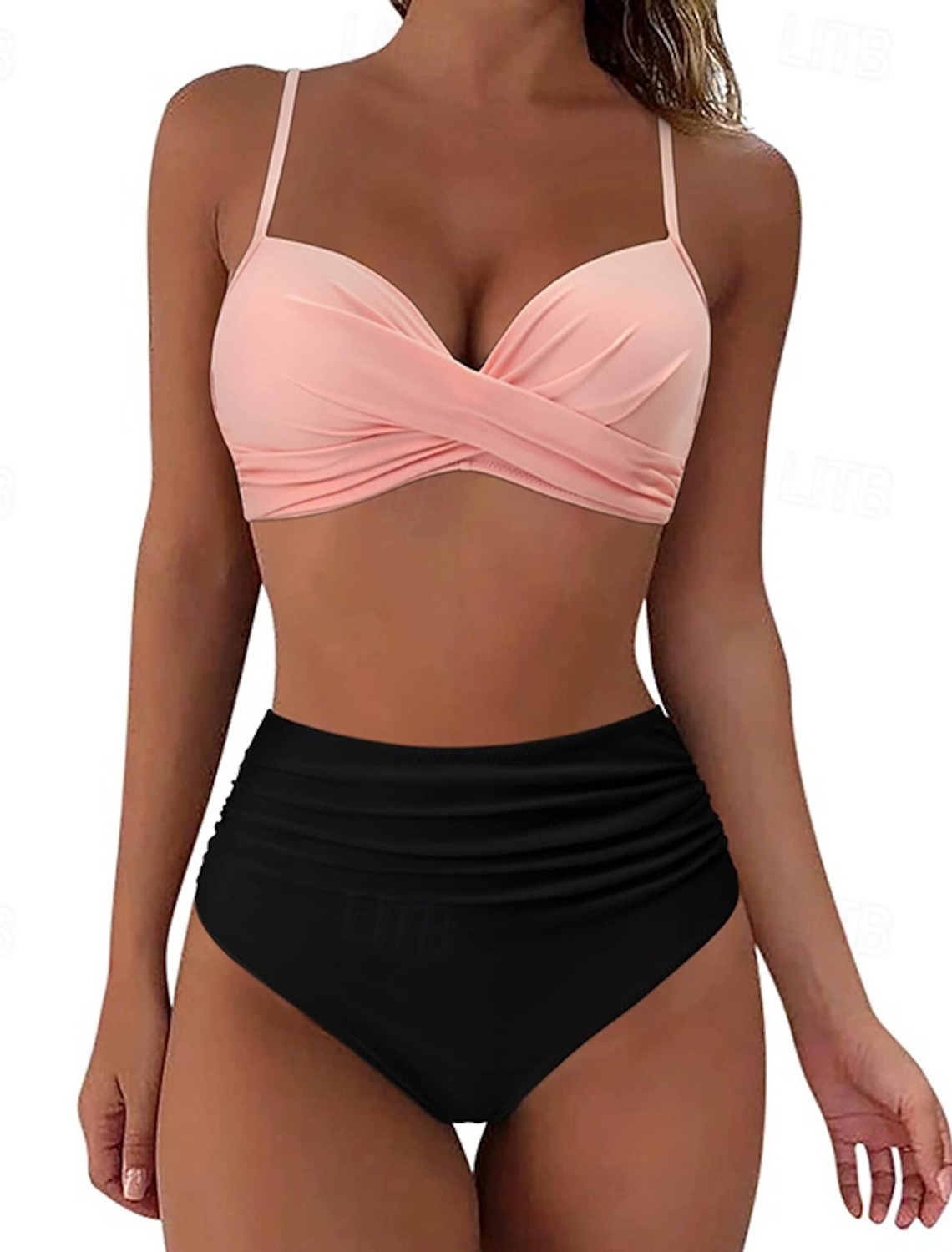 Women's Ruched Swimsuit Bikini Sets Swimwear Solid Colored Swimwear Light Pink Black Breathable Sleeveless - Surfing Beach Swimming Summer