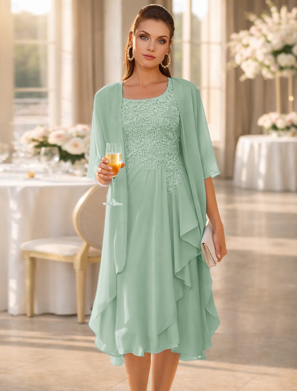 Two Piece A-Line Knee Length Wedding Guest Dress Mother of the Bride Dress Sleeveless Scoop Neck Elegant Wedding Guest Wedding Party Chiffon Lace Jacket Dresses with Pleats Appliques