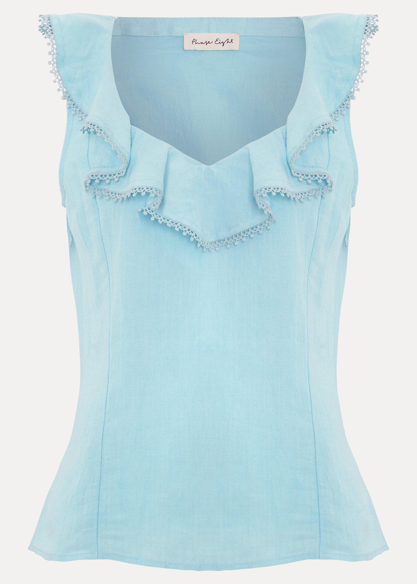 Rhona Blue Ruffle Linen Blouse