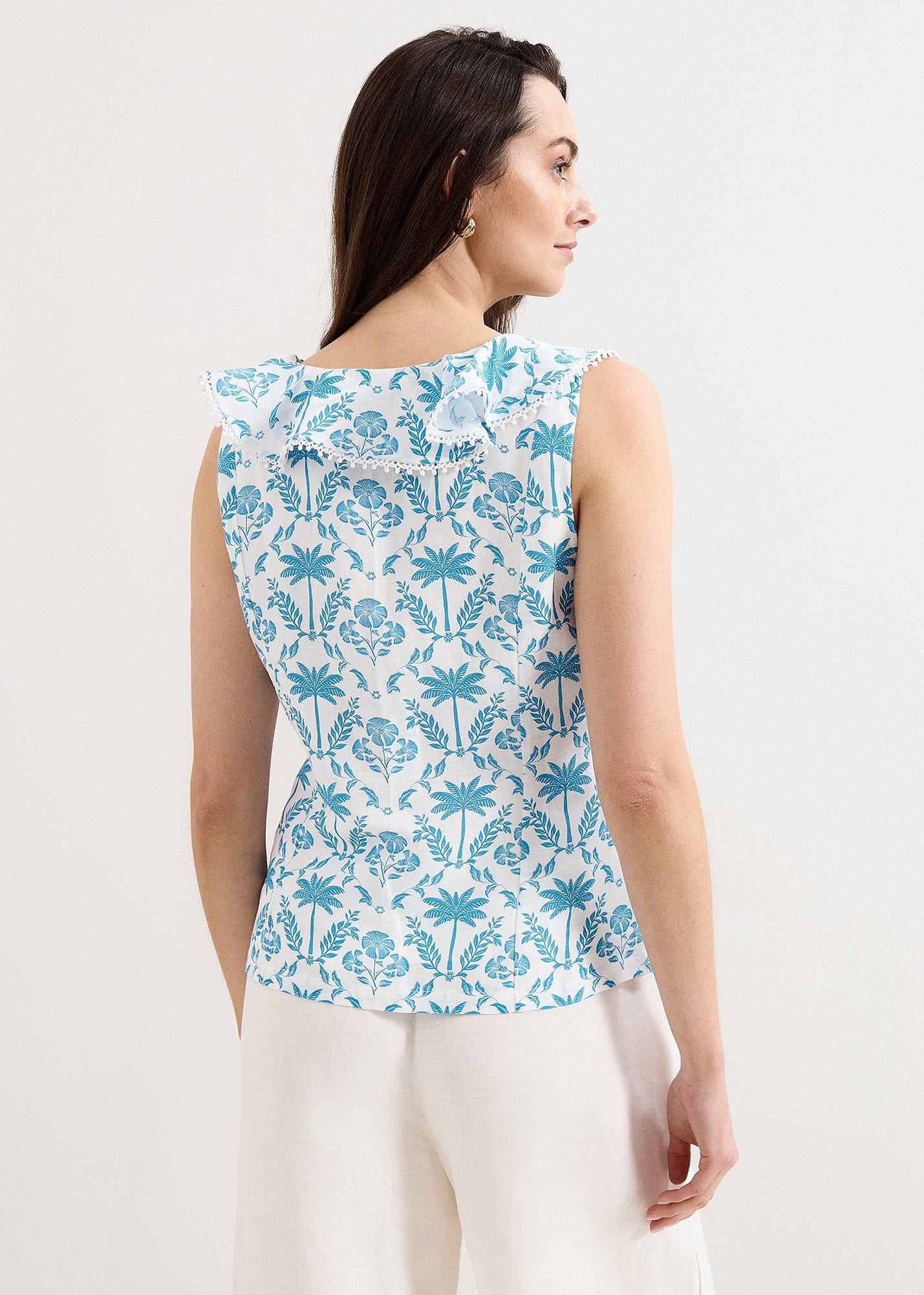 Rhona Blue Print Ruffle Linen Blouse