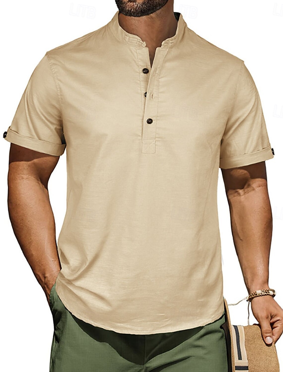 Men's Waffle T-shirt Linen Shirt T Henley Short Sleeve Stand Collar