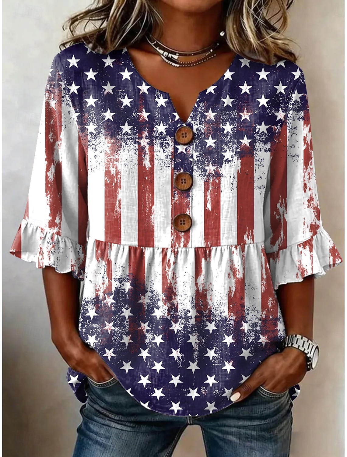 American Independence Day Women's Blouse Patchwork Buttons Print Graphic American Flag Vintage Stylish Half Sleeve V Neck Regular Tops Casual Daily Holiday Blue Red Summer Spring