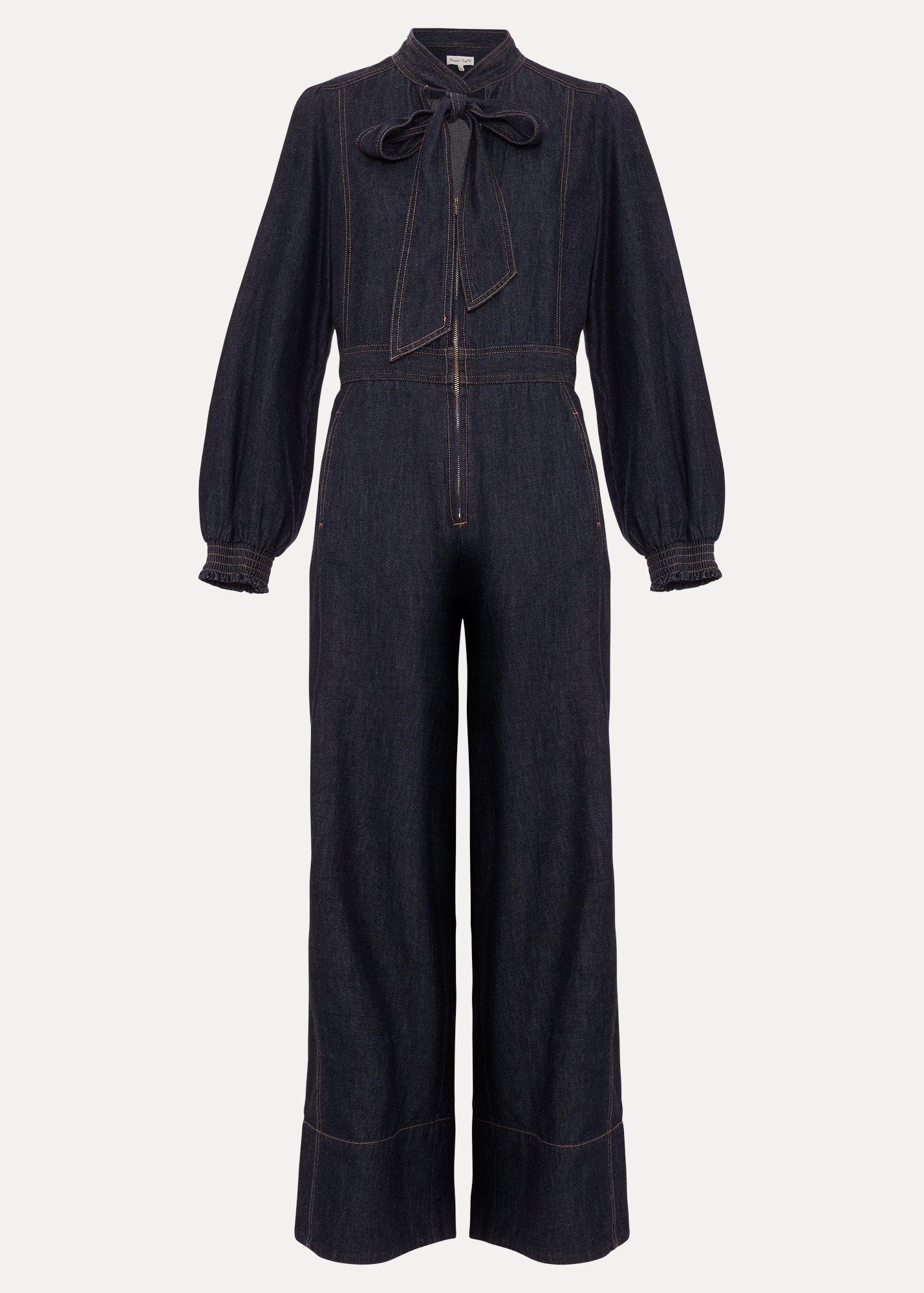 Petite Patricia Denim Pussybow Jumpsuit
