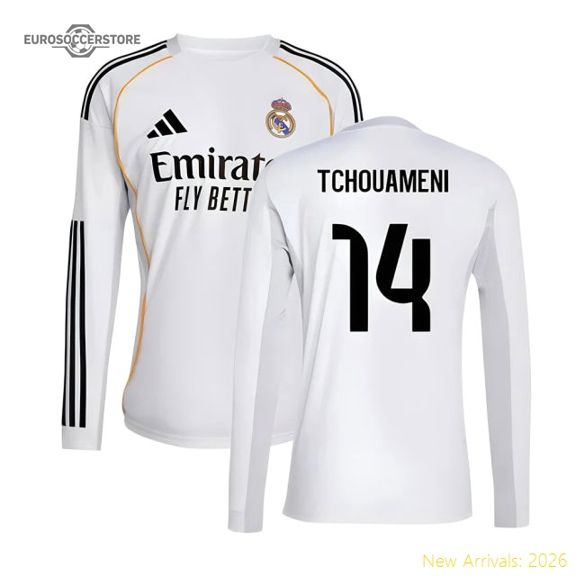 2025-2026 Madrid Real Madrid Long Sleeve Home Kit Shirt (Tchouameni 14)