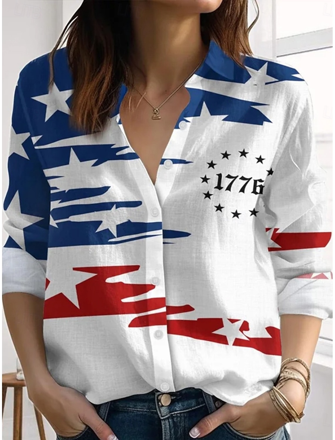 American Independence Day Women's Shirt Graphic USA American Flag Vintage Stylish Long Sleeve V Neck Long Tops Casual Daily Holiday Blue White Red Red / Blue Summer Spring