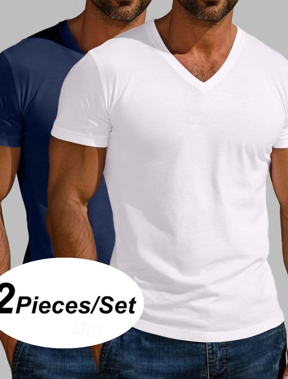 2PCS Men's Cotton Blend T Shirt Tee Top Short Sleeve V Neck Summer All Seasons Solid Color Plain Designer Basic Modern Contemporary V Neck Multi-pack Vacation Street Casual Dark Blue White Blue