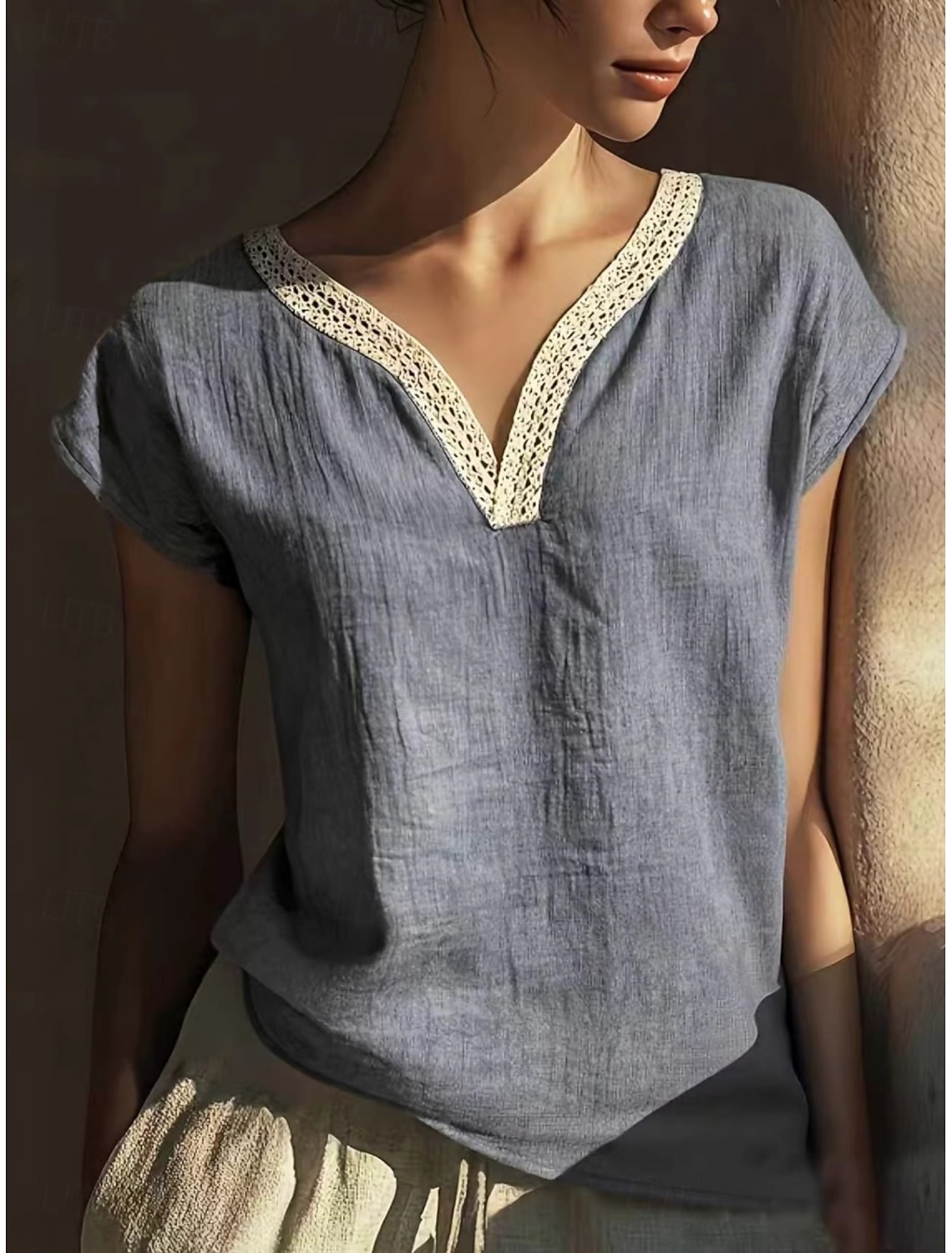 Women's T Shirt Cotton Linen T Shirt Faux Cotton Linen Tee Top Patchwork Plain Classic Casual Short Sleeve V Neck Regular Tops Daily Going out Weekend Sky Blue Apricot Gray Summer Spring