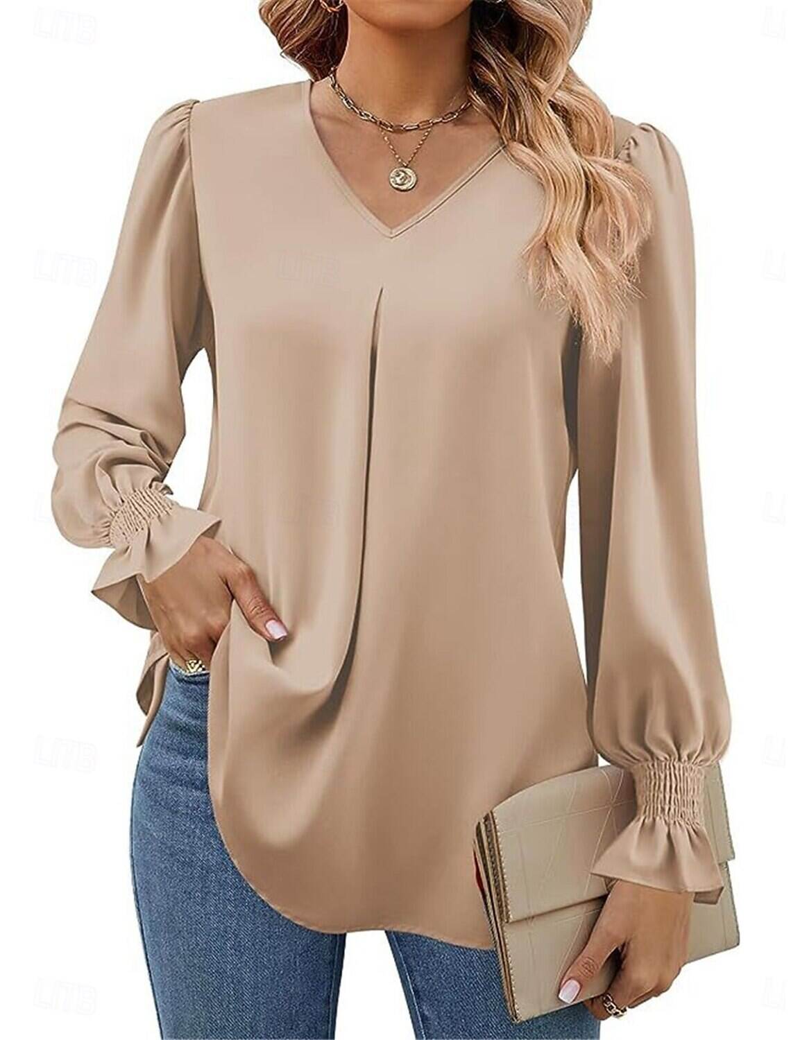 Women's Shirt Blouse Basic Casual Solid Color Regular Tops Long Sleeve V Neck Regular Fit Daily Fall Winter