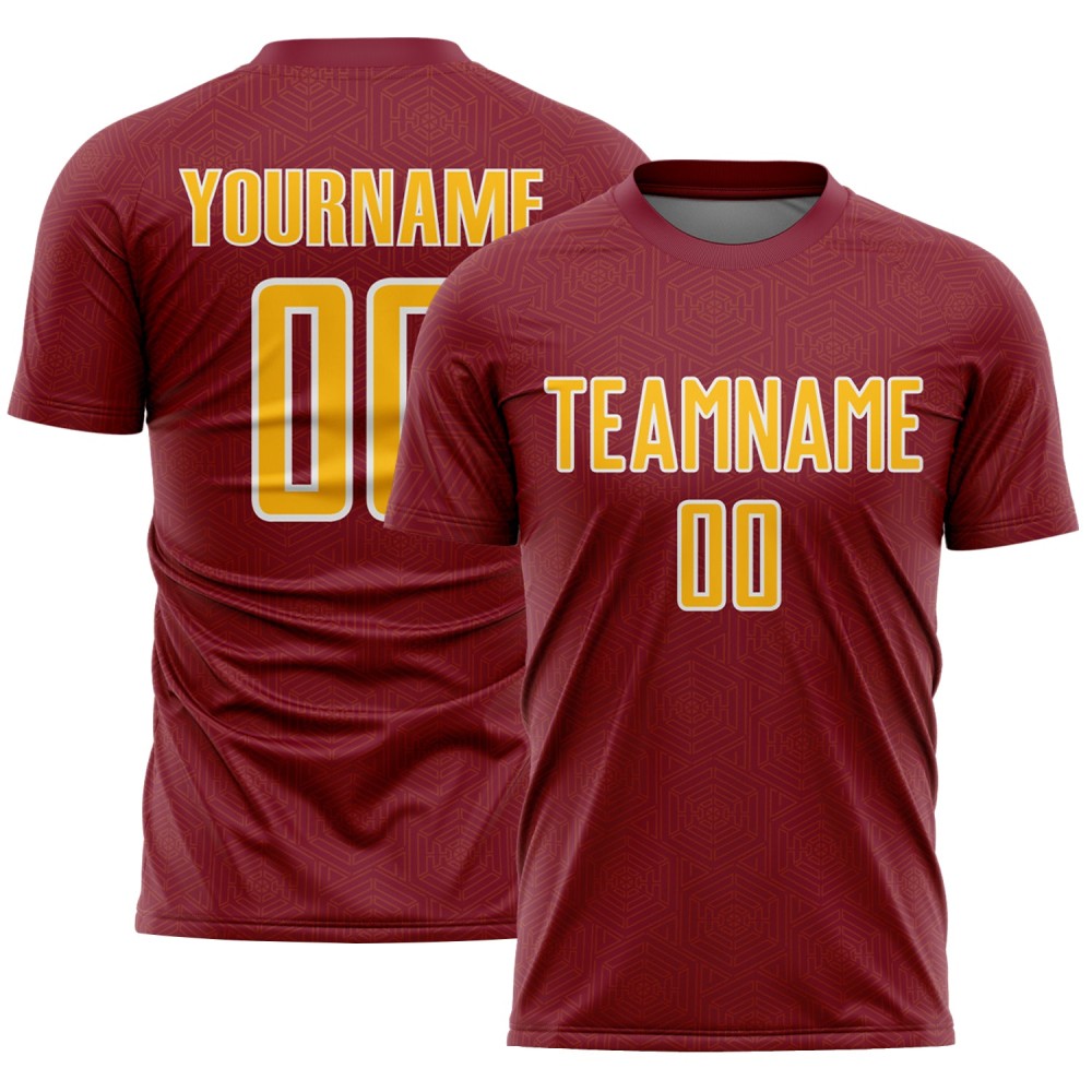 Geometric Jersey Shape Uniform Sublimation Soccer Crimson Gold-White Sports Custom