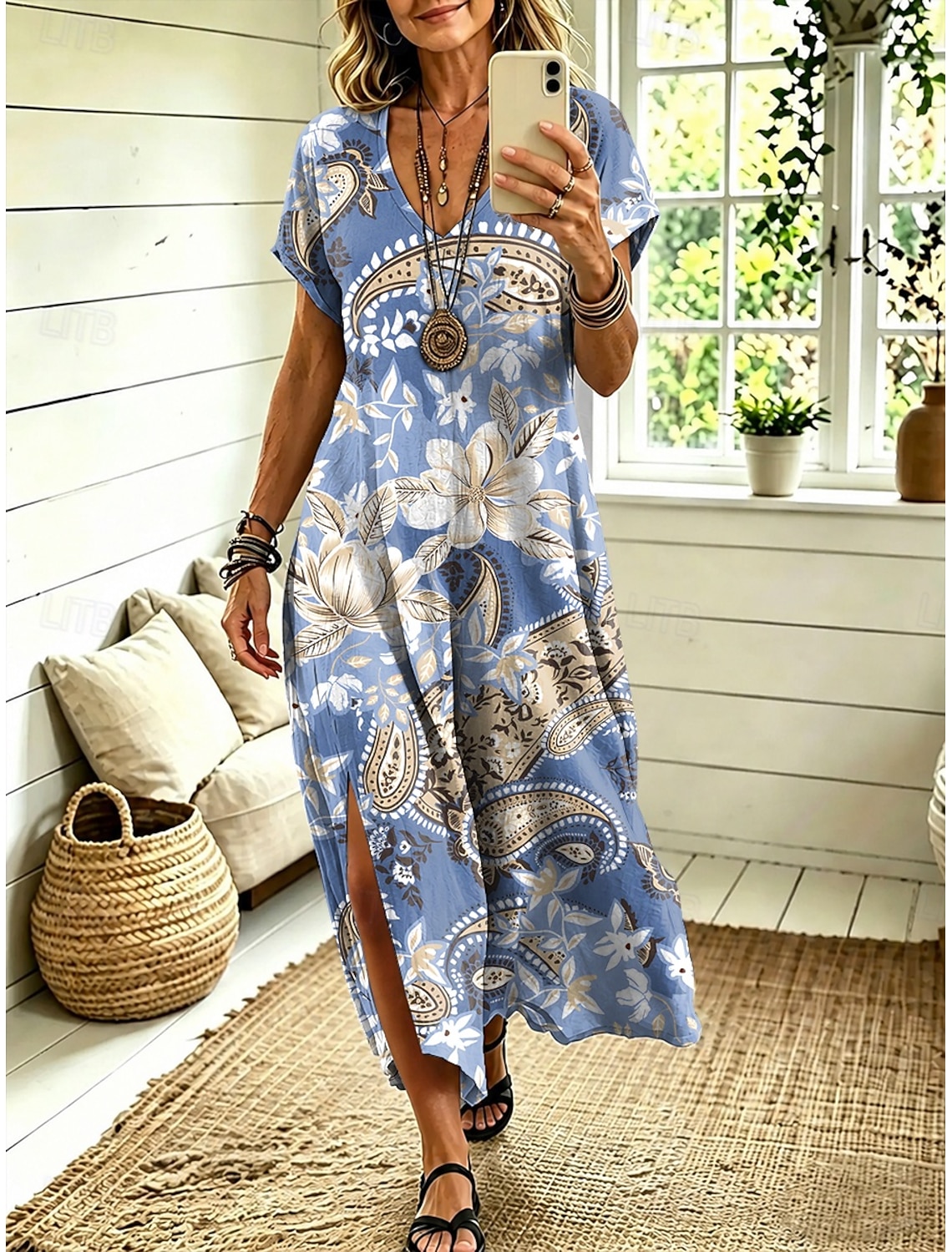 Women's Midi Dress A Line Dress Casual Loose Fit Floral Abstract Short Sleeve V Neck Blue Red Sky Blue Green Summer Spring