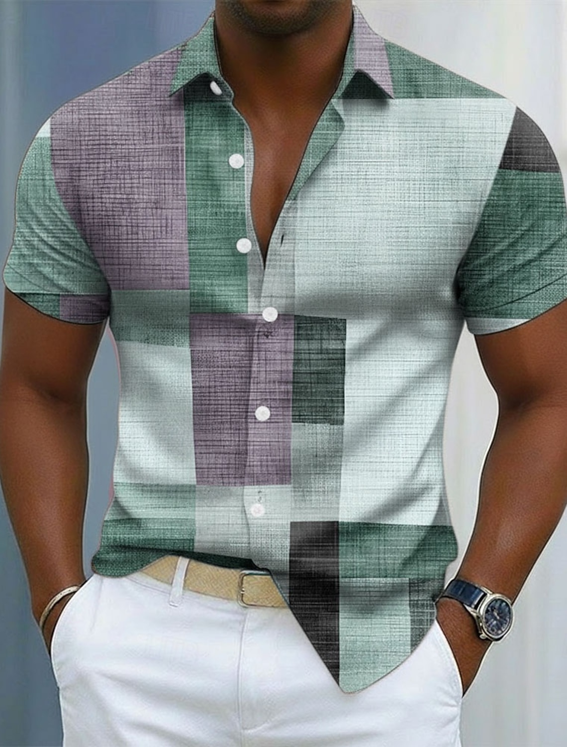 Men's Geometric Color Block Patchwork Shirt Button Up Long Sleeve