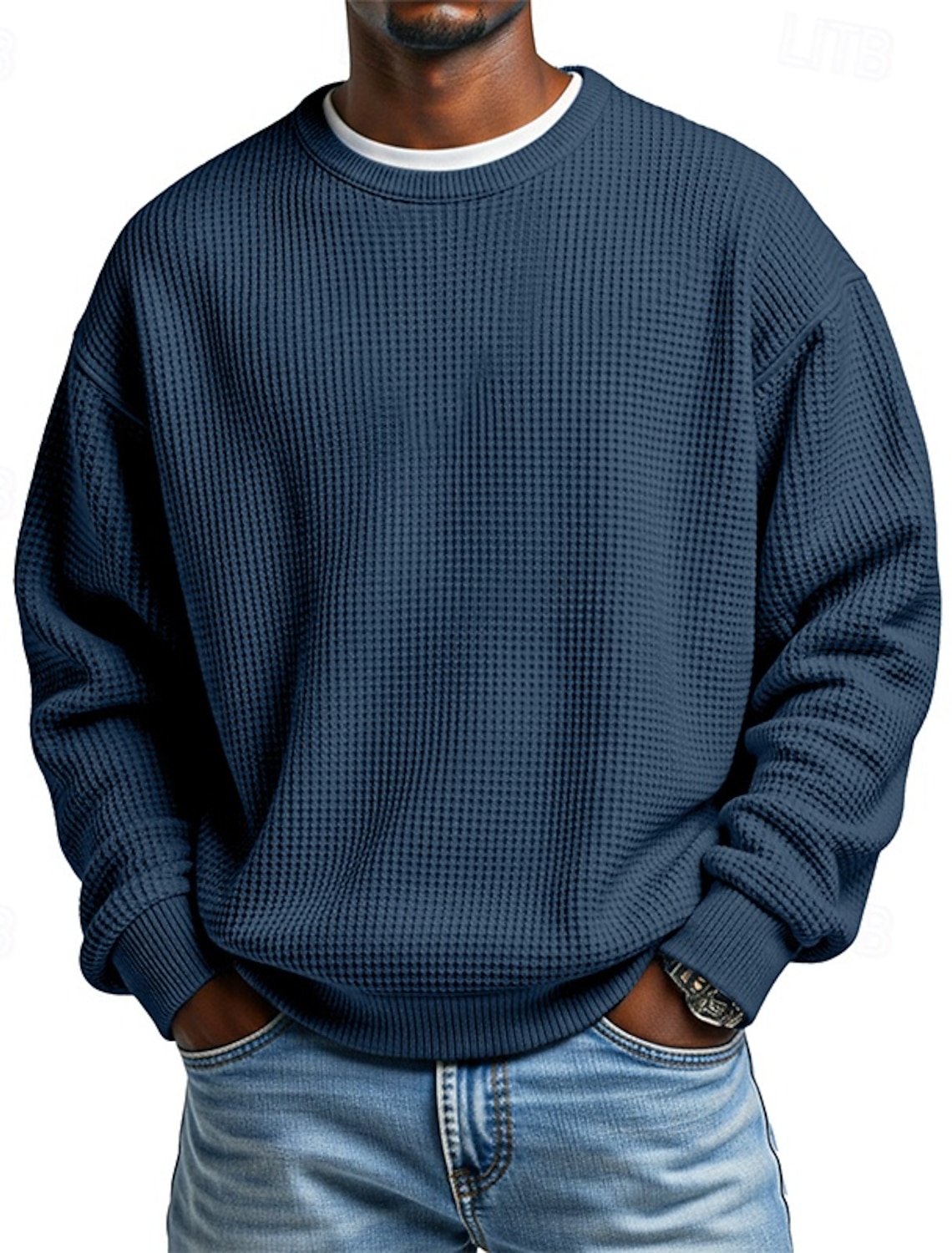 Men's Sweatshirt Waffle Pullover Apricot Black White Light Green Red