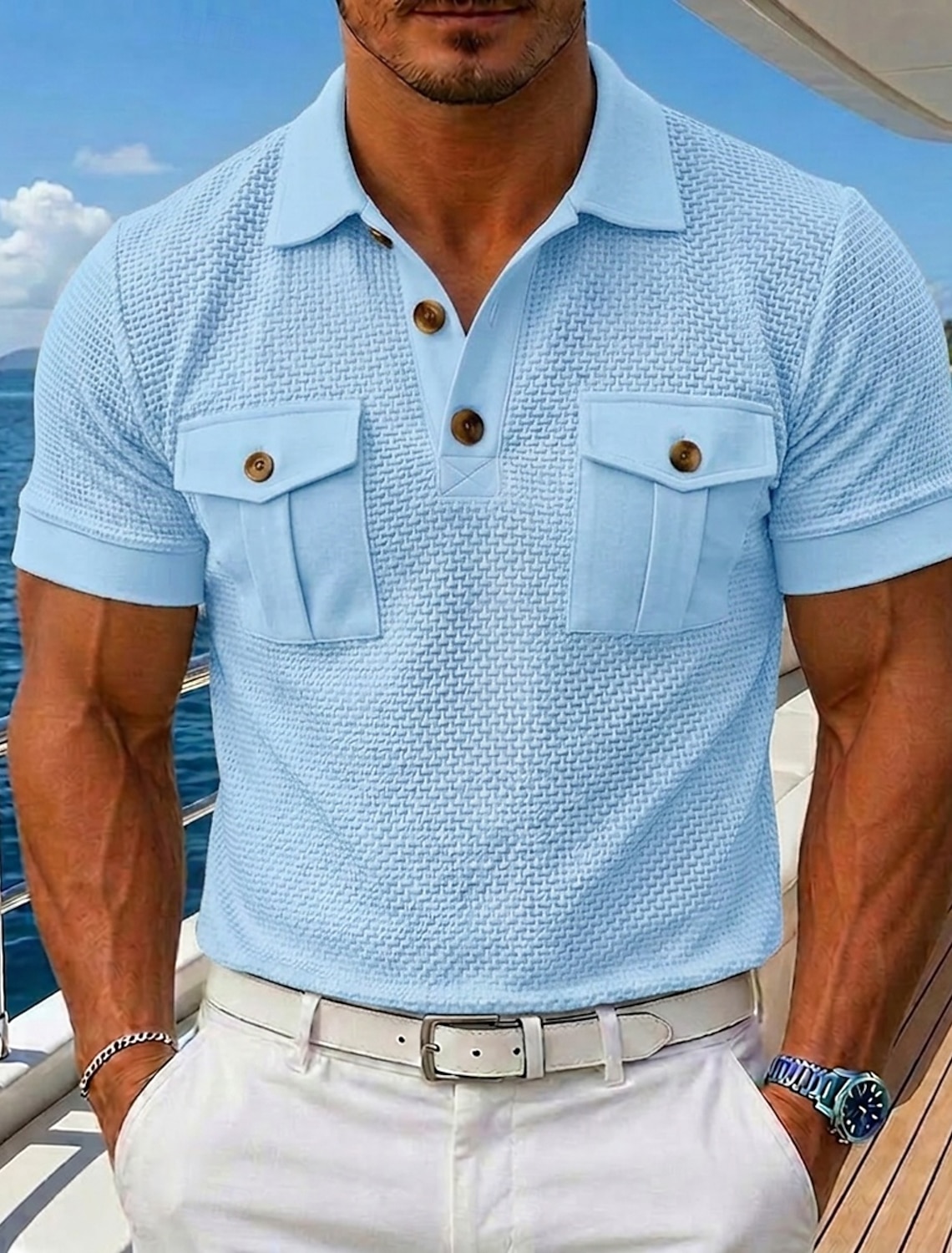 Men's Cooling Ice Silk Seersucker Polo Textured Casual Holiday Turndown Short Sleeve Fashion Basic Plain Pocket Buttons Spring & Summer Summer Regular Fit Blue Black White Gray Cooling Ice Silk