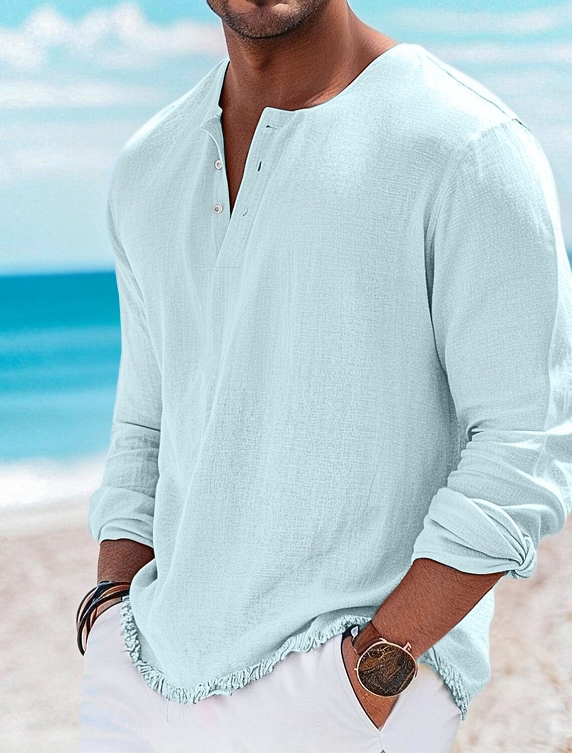 Men's Henley Shirt Tee Top Linen T-Shirt Long Sleeve Solid Color Plain