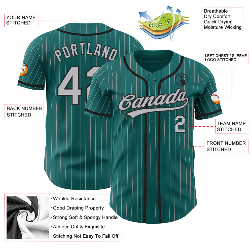 Custom Teal Gray Pinstripe Black Authentic Baseball Jersey