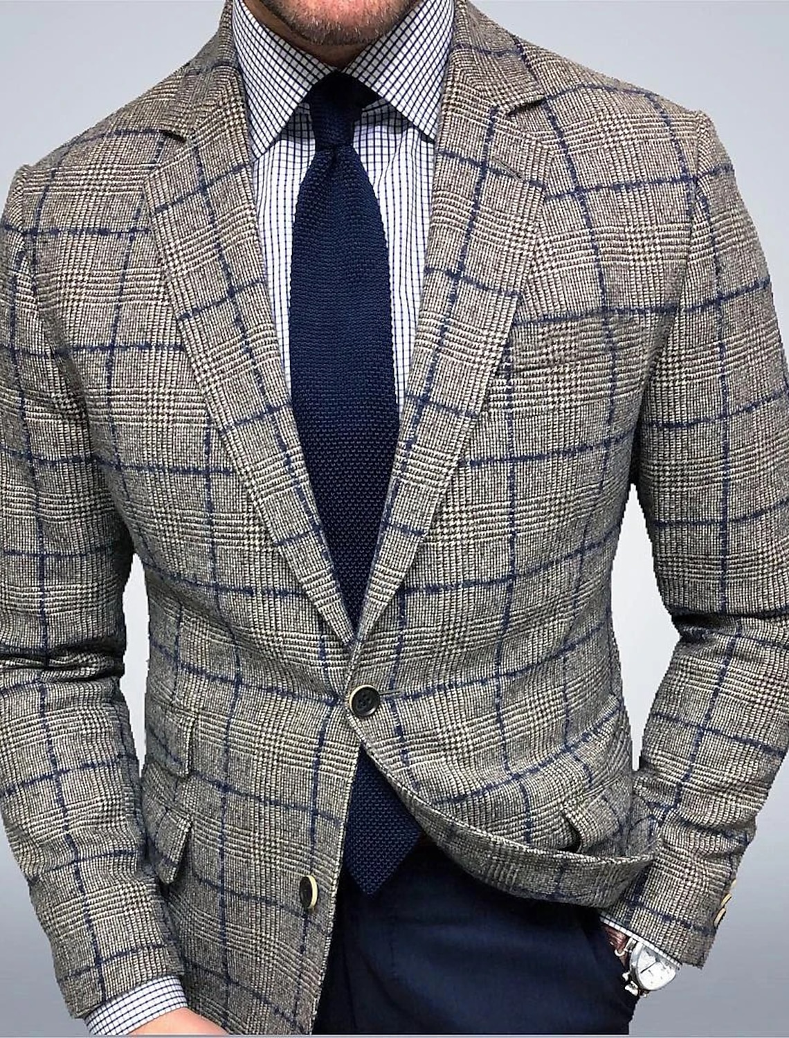 Men's Jacket Blazer Engagement Party Cocktail Attire Breathable Pocket Fall Winter Plaid / Check Business 1920s Turndown Regular Regular Fit Brown Gray Jacket