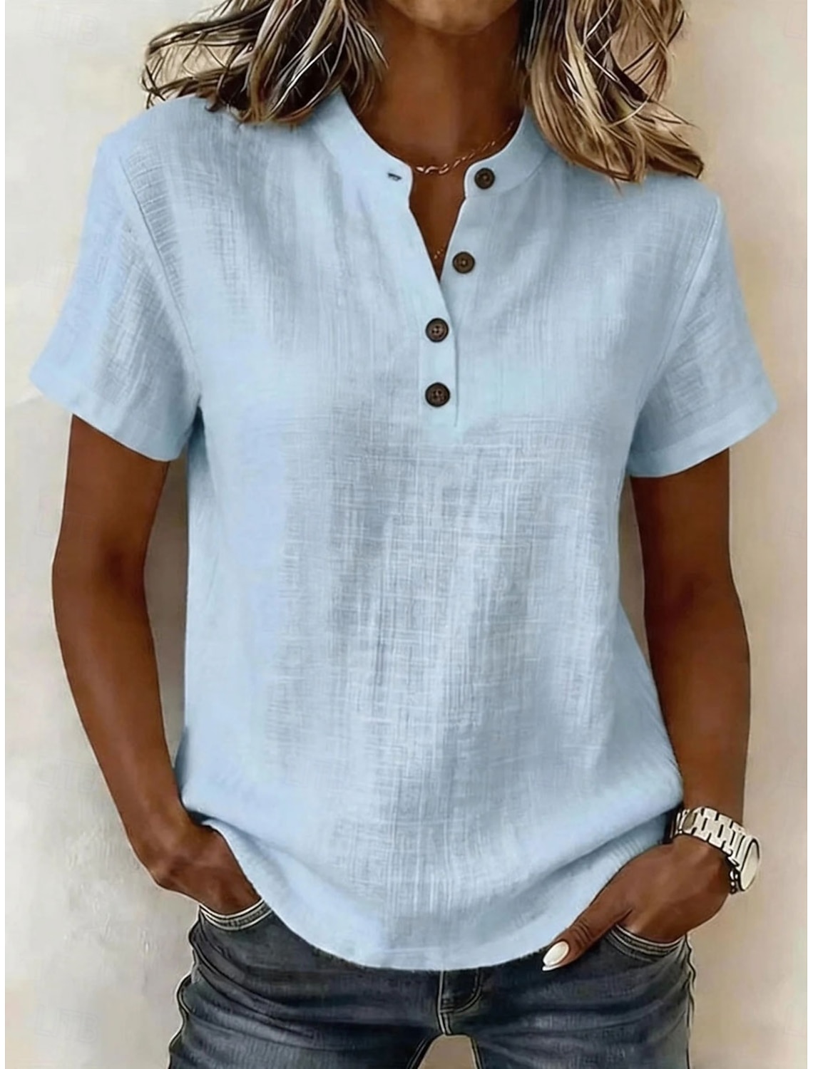 Women's Polo Shirts Blouse Lace Tops Plain Bohemia 3/4 Length Sleeve Lapel Regular Tops Light Blue White Pink Royal Blue Sky Blue Summer Spring