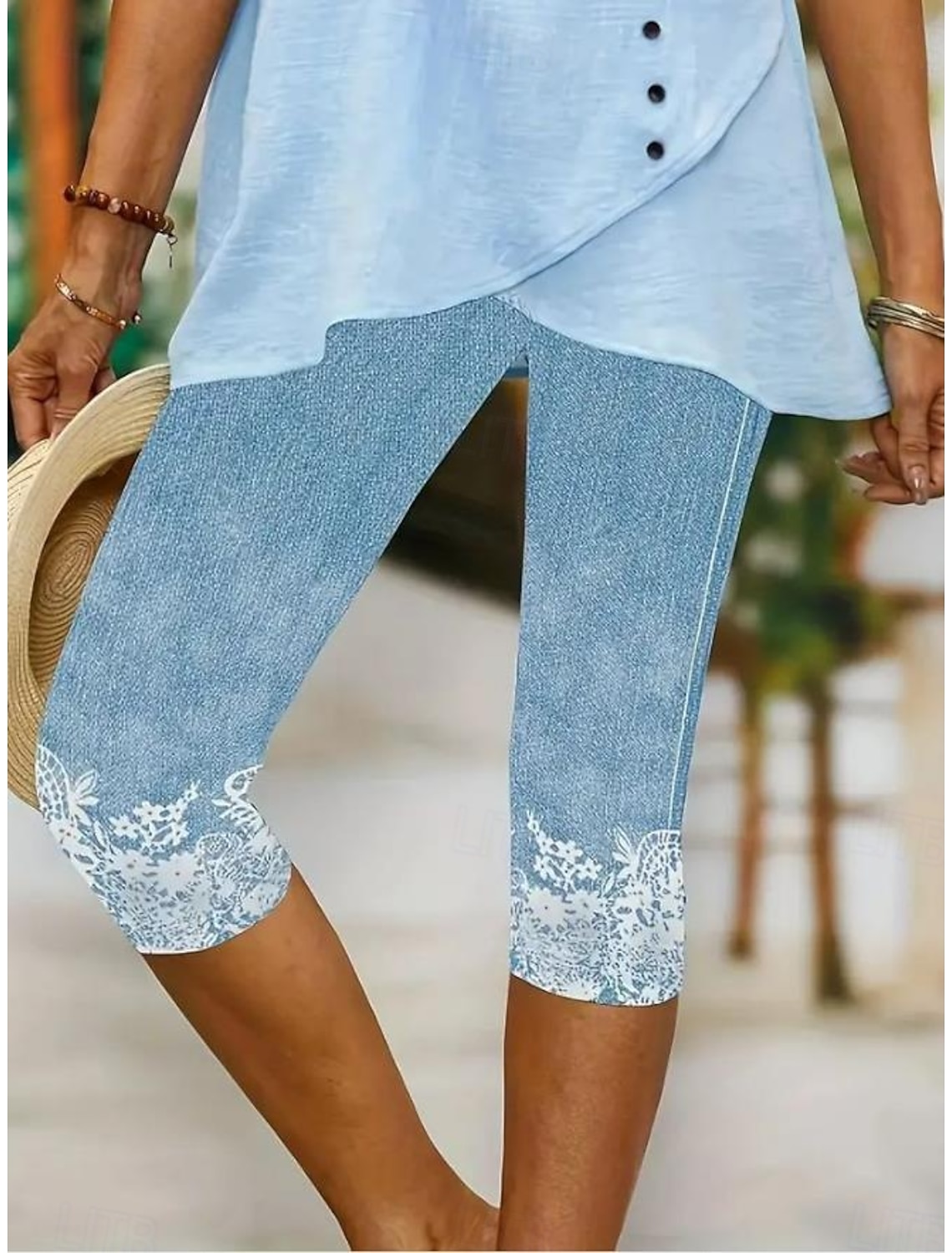 Women's Leggings Capri Pants High Elasticity Fashion Streetwear Full Length Mid Waist Floral Printing Thermal Warm Breathable Soft Outdoor Daily Beach Buff Black Blue Sky Blue Summer Spring