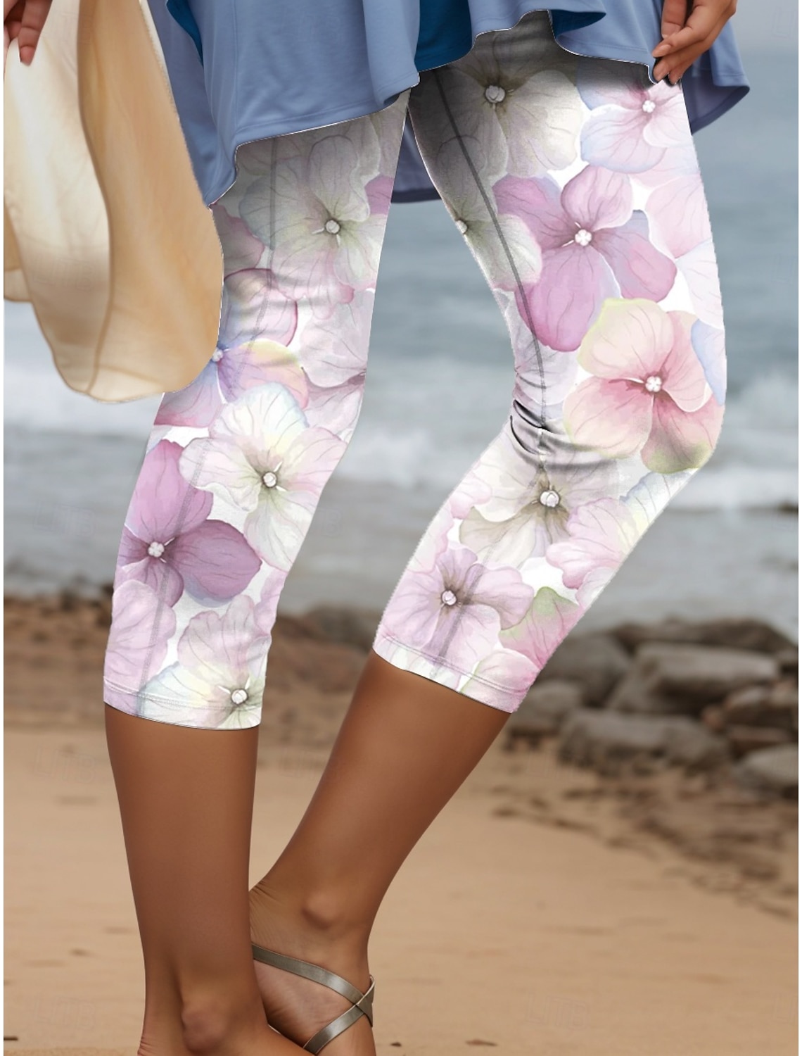 Women's Leggings Capri Pants High Elasticity Vacation Fashion Hawaiian Calf-Length Mid Waist Floral Graphic Printing Breathable Soft Vacation Casual Daily Light Blue Summer Spring Regular Fit