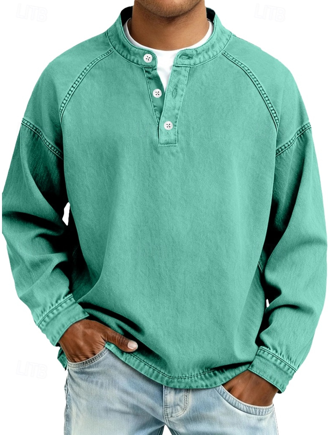 Men's T Shirt Henley Shirt 100% Cotton Acid Wash Shirt Tee Top Long Sleeve Plain Vintage Streetwear Casual Washed Raglan Sleeves Stand Collar Henley Casual Home Street Spring Fall Fall & Winter Black