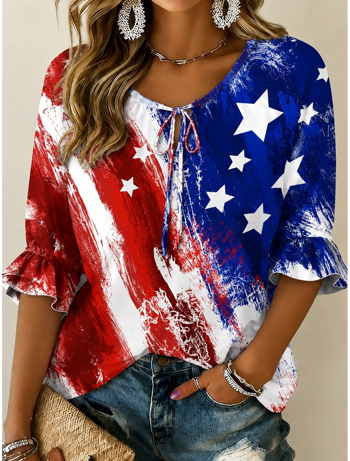 Independence Day Patriotic Women's T Shirt V Neck Long Sleeve Tunic Geometric National Flag Elegant Vintage Stylish Regular Tops Daily Weekend Print Red Navy Blue Blue Spring Prefall