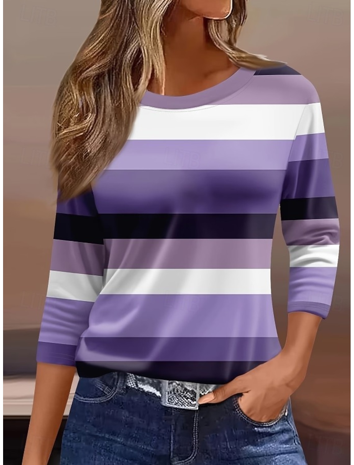 Women's T Shirt Print Graphic Geometric Striped Vintage Fashion Stylish Long Sleeve Crew Neck Regular Tops Daily Blue Light Green Pink Red Navy Blue Summer Spring