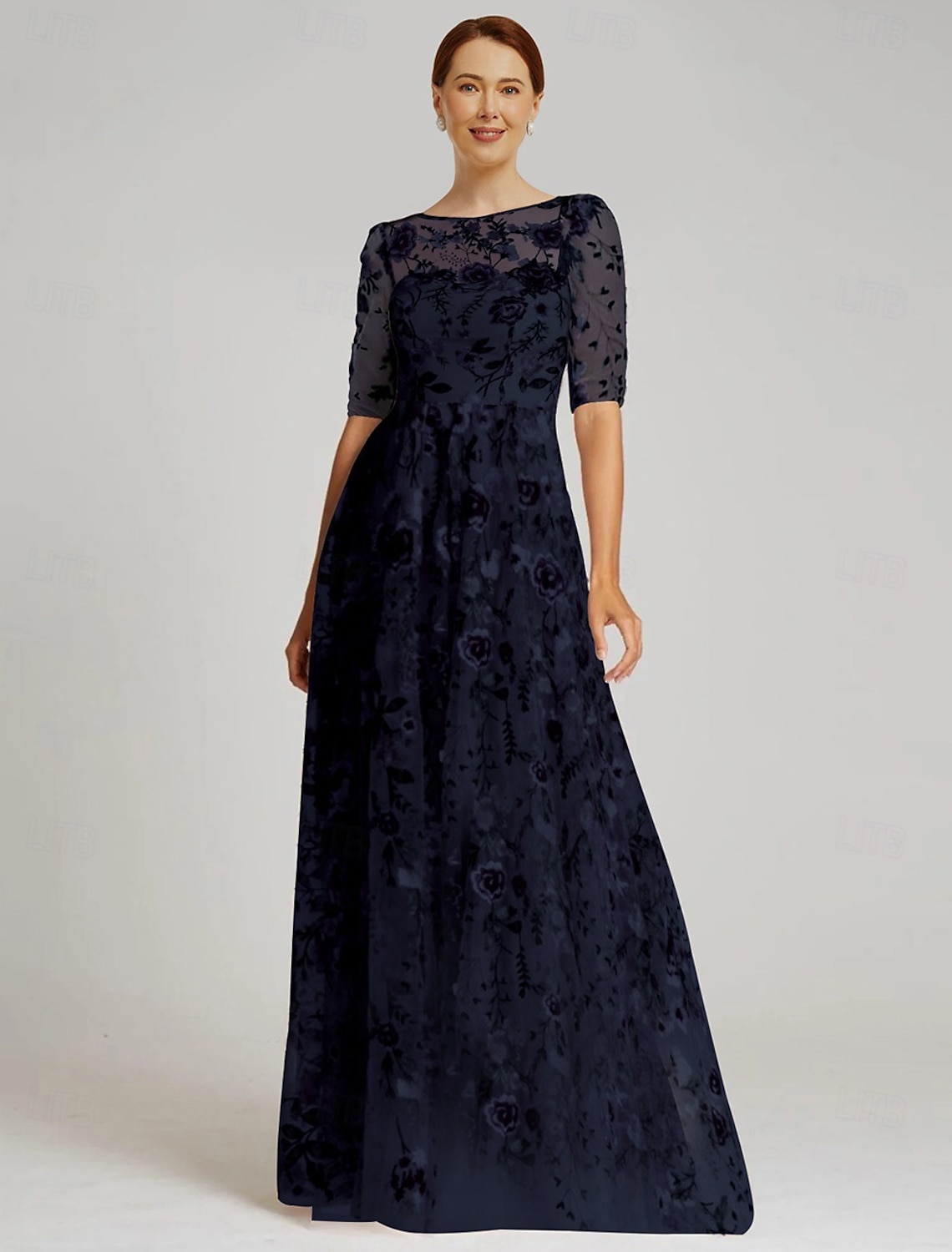 A-Line Dress Floor Length Wedding Guest Dress Formal Dresses Evening Gown Mother of the Bride Dress Half Sleeve Illusion Neck Elegant Vintage Formal Tulle with Embroidery Appliques Flower