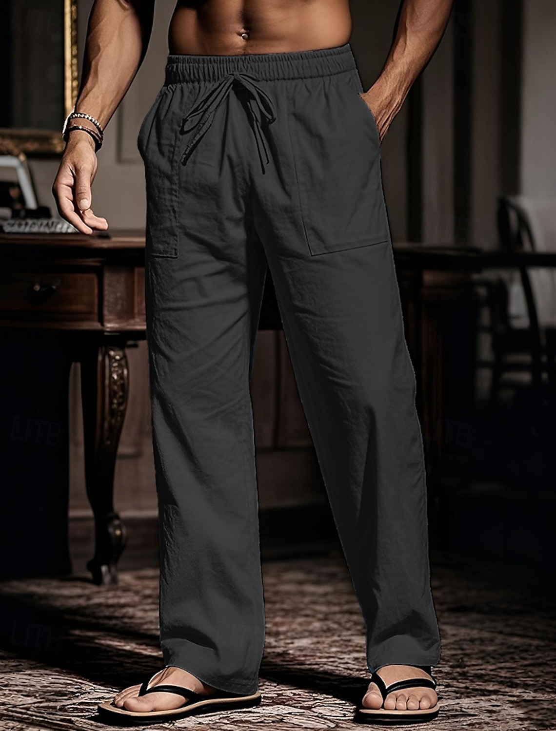 Men's Cotton Pants Drawstring Pocket Elastic Waist Plain Comfort Breathable Beach Vacation Boho Black White
