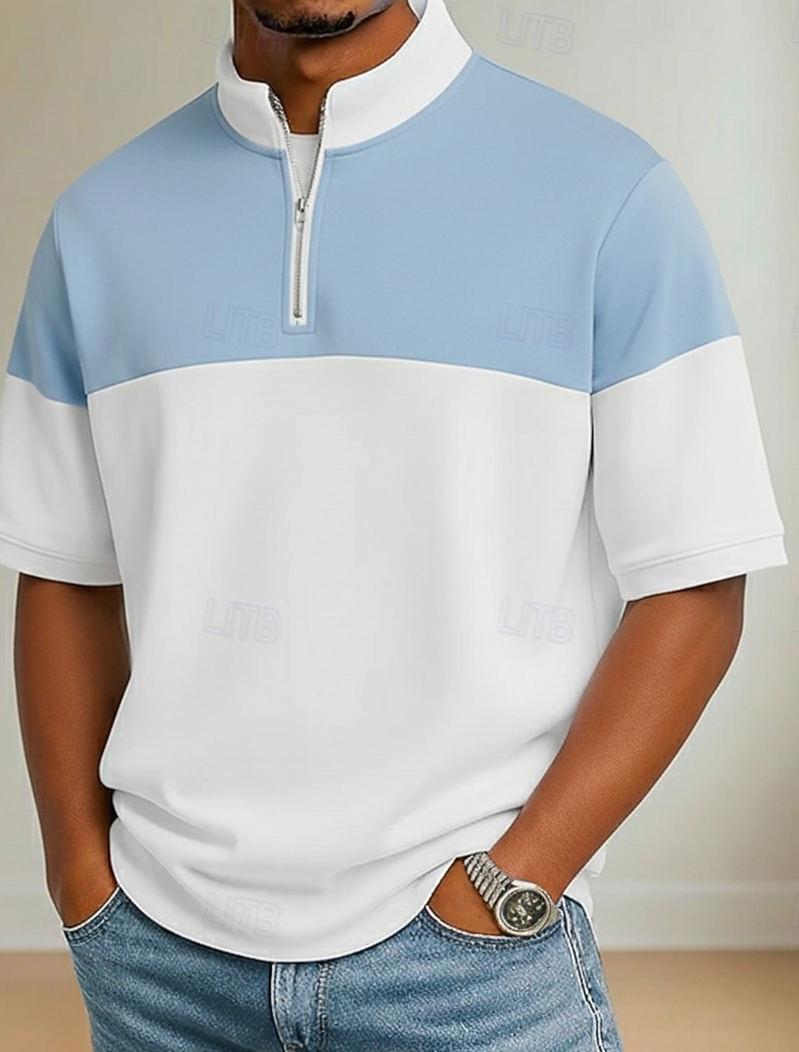 Men's Color Block Zip Polo Shirts Long Sleeve Grandad Collar Casual