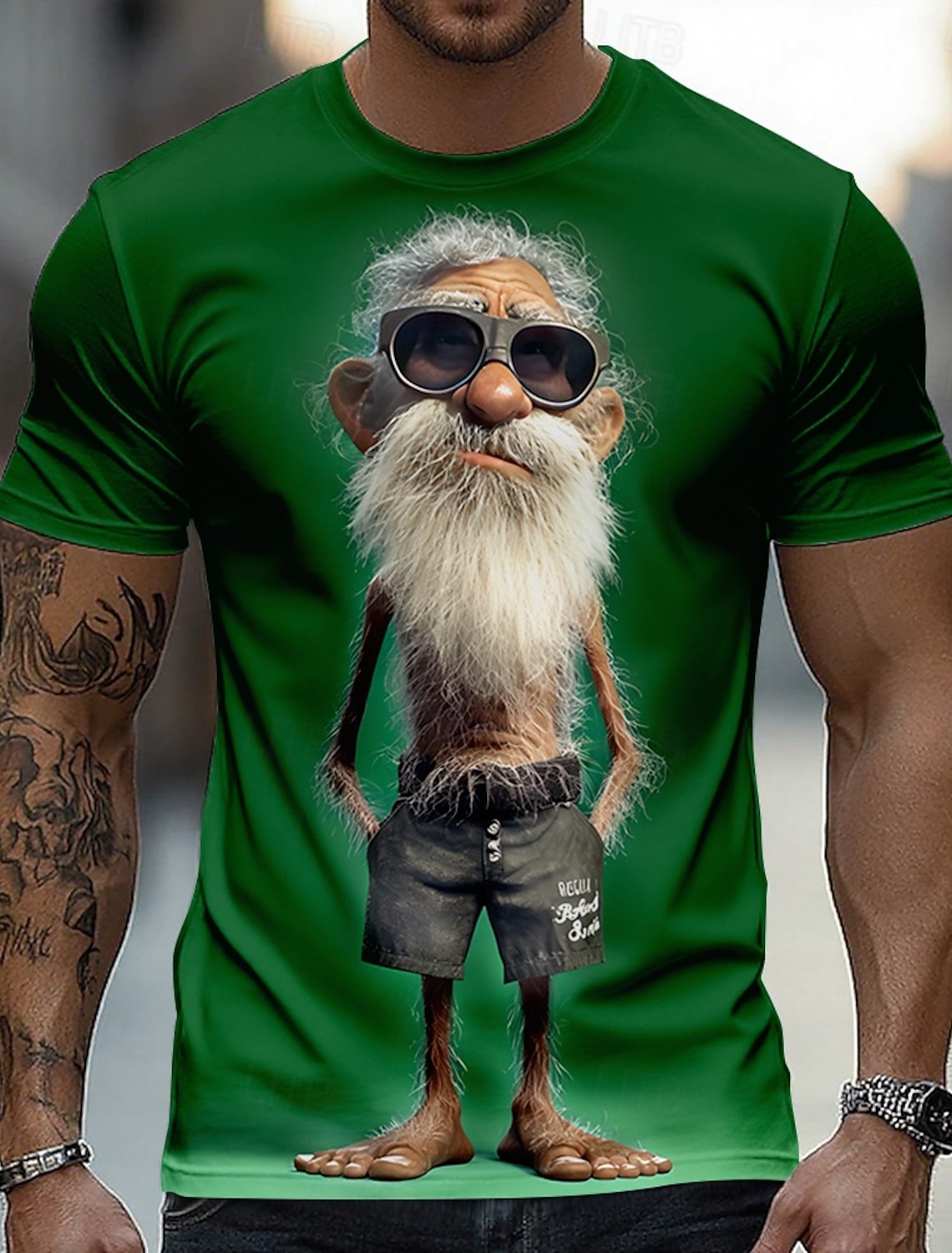 Funny 3D Graphic Cool Old Man with White Beard & Sunglasses Men's Teal T-Shirt - Quirky Grandpa Caricature Design Short Sleeve Crew Neck Summer Beach Holiday Tee - Unique Father's Day Gift Apparel