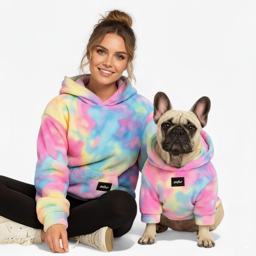 Zestara Frenchie Human Matching Hoodie – Plush Fleece Rainbow Tie-Dye Sweatshirt for Dog and Owner