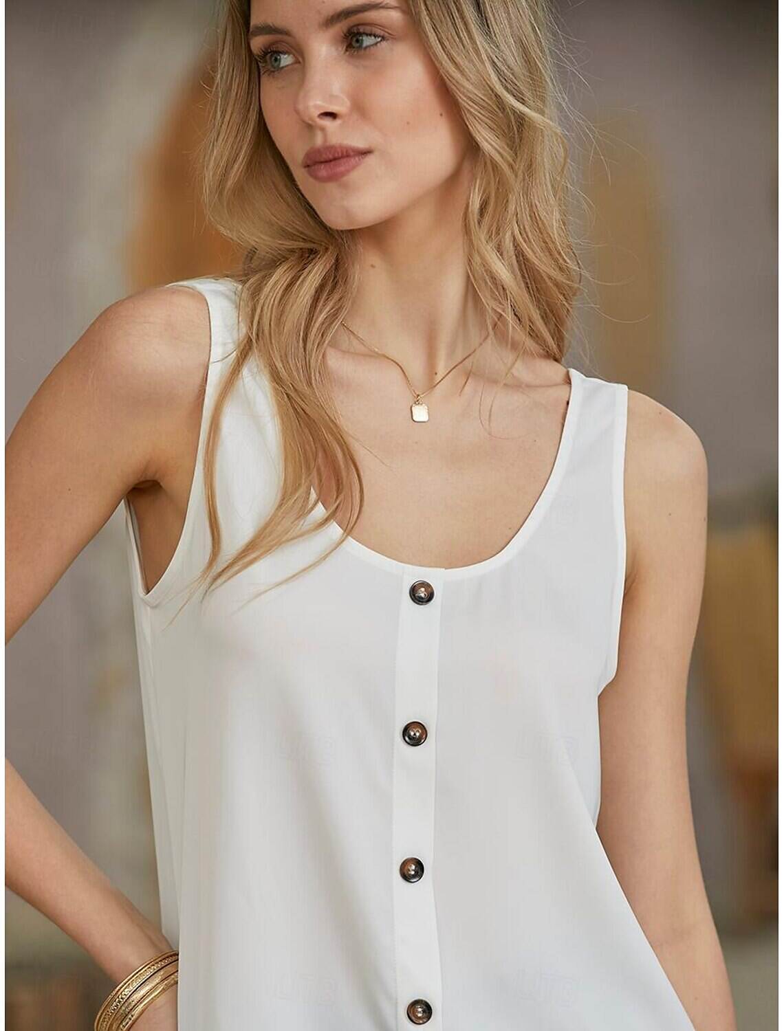 Women's ArmyGreen Black White Plain Sleeveless Daily Basic V Neck Regular S