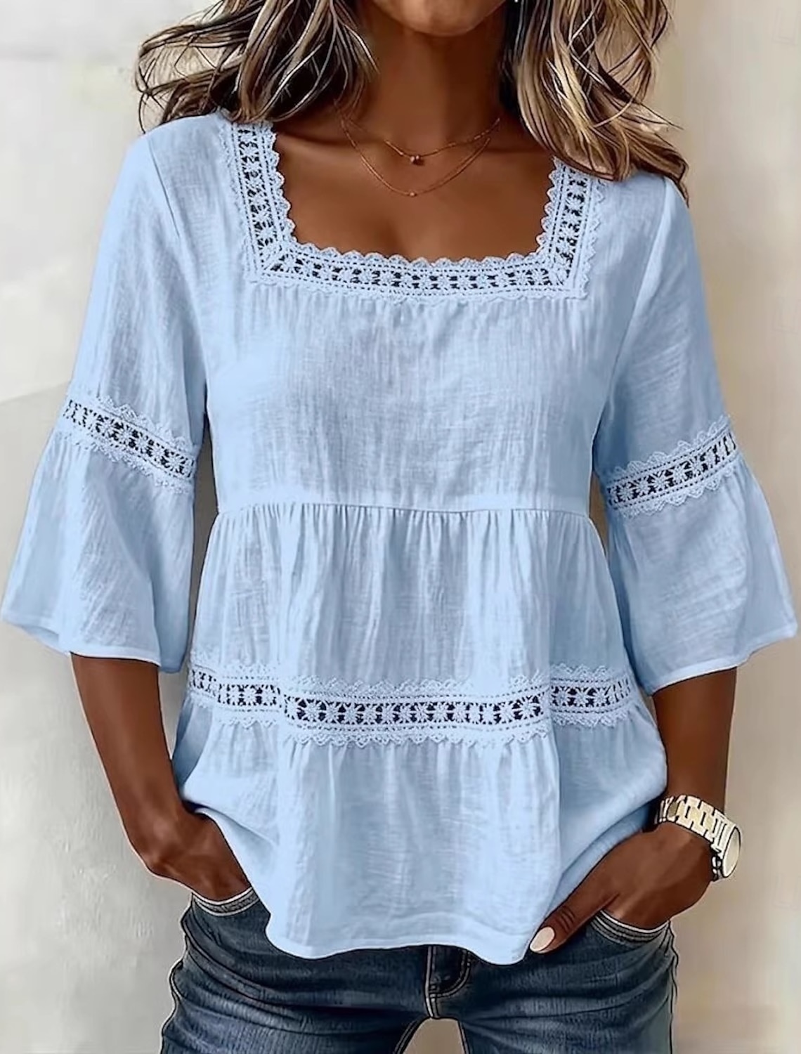 Women's Linen-feel Shirts Blouse Lace Trim Solid Color Daily Stylish Basic 3/4 Length Sleeve Square Neck Regular Tops Casual Daily Blue White Pink Navy Blue Green Summer Spring Fall