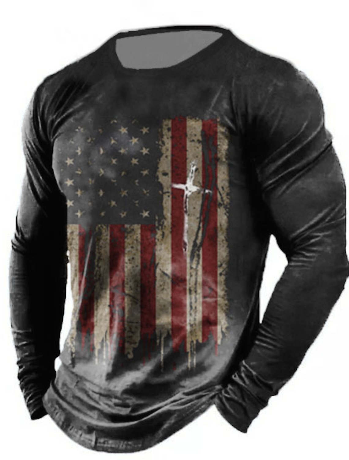 4th of July 2026 250th Memorial Day Men's Patriotic Vintage Distressed Patriot Graphic 3D Print American Flag National Flag Veteran Crew Neck Long Sleeve T-Shirt